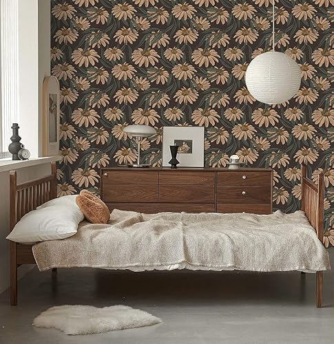 Miniatura 10 de HAOKHOME 93291 - Papel pintado floral bohemio marrónmelocotónverde, decoración de pared retro para baño, mural extraíble de 17.7 x 9.8 pies