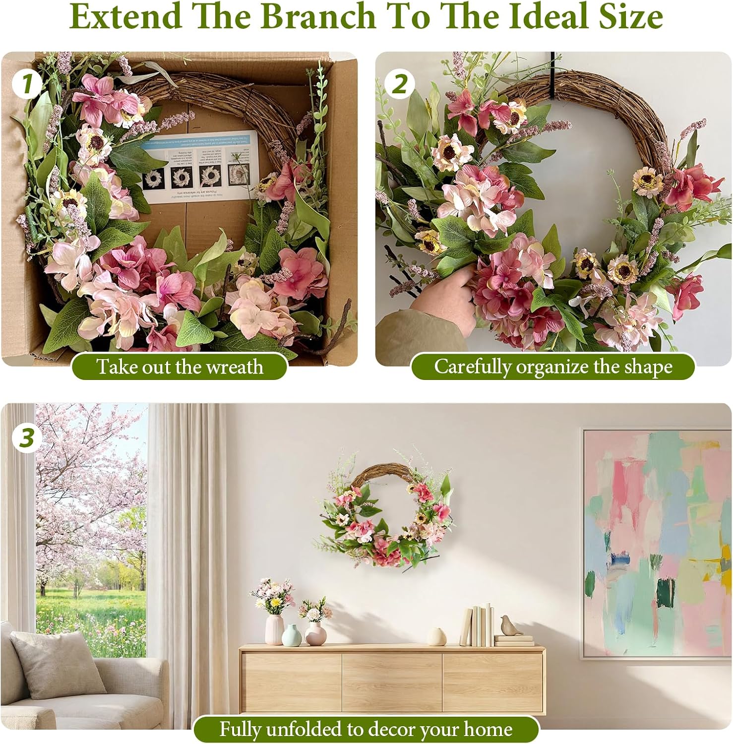 Spring Wreath for Front Door, 20 Inch Floral Spring Wreath Pink Hydrangea with Grapevine Base, Spring Door Wreath for Wedding Mothers Day Easter Housewarming Gift Rustic Farmhouse Porch Decoration