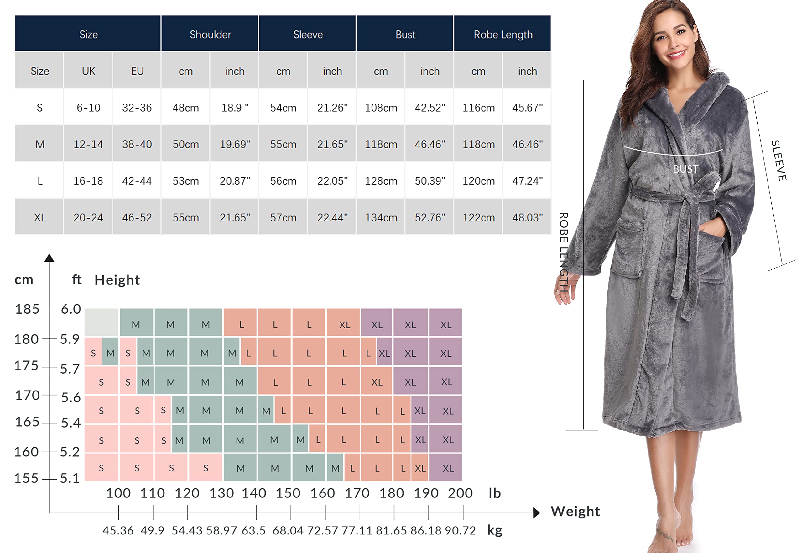 Vlazom Damen Winter Bademantel Flanell mit Kapuze Langärme Morgenmantel Saunamantel Flauschiger Robe Hausmantel