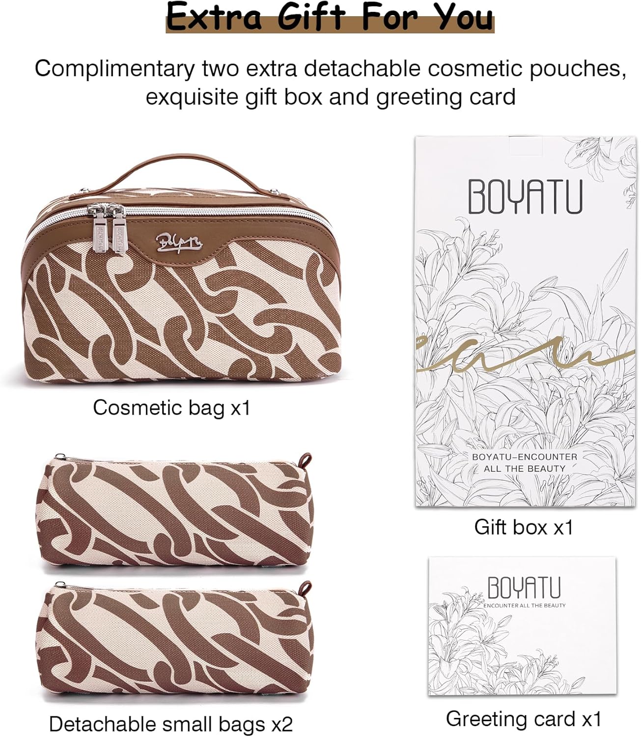 BOYATU Travel Makeup Bag for Women: Large Capacity 3-Piece Cosmetic & Toiletry Organizer - Expands Storage by 50% with 2 Detachable Pouches,Opens Flat for Easy Packing,Waterproof PU Leather(Brown)