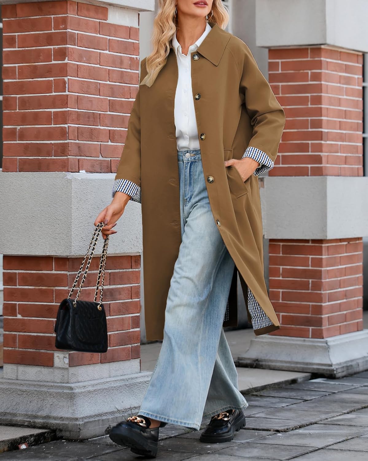 Women's Oversized Trench Coat Single Breasted Windproof Overcoat Classic Button Down Long Jacket - Image 2