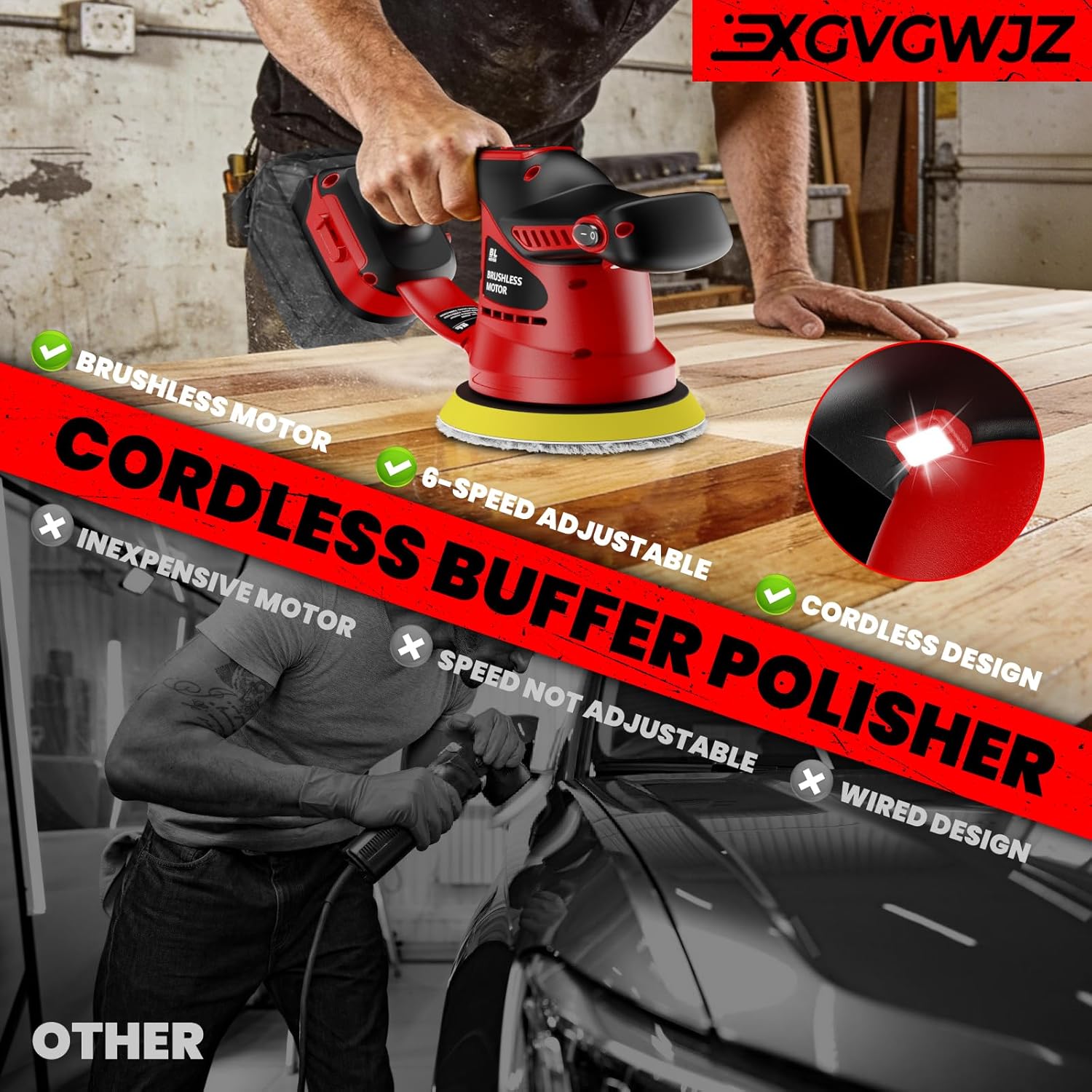 Cordless Buffer Polisher for Milwaukee 18V Battery, 450W Brushless Car Buffer Polisher Waxer with 6 inch disc, 6 Variable Speed Up to 5200 RPM for Waxing Polishing Scratch Removal (Tool only)
