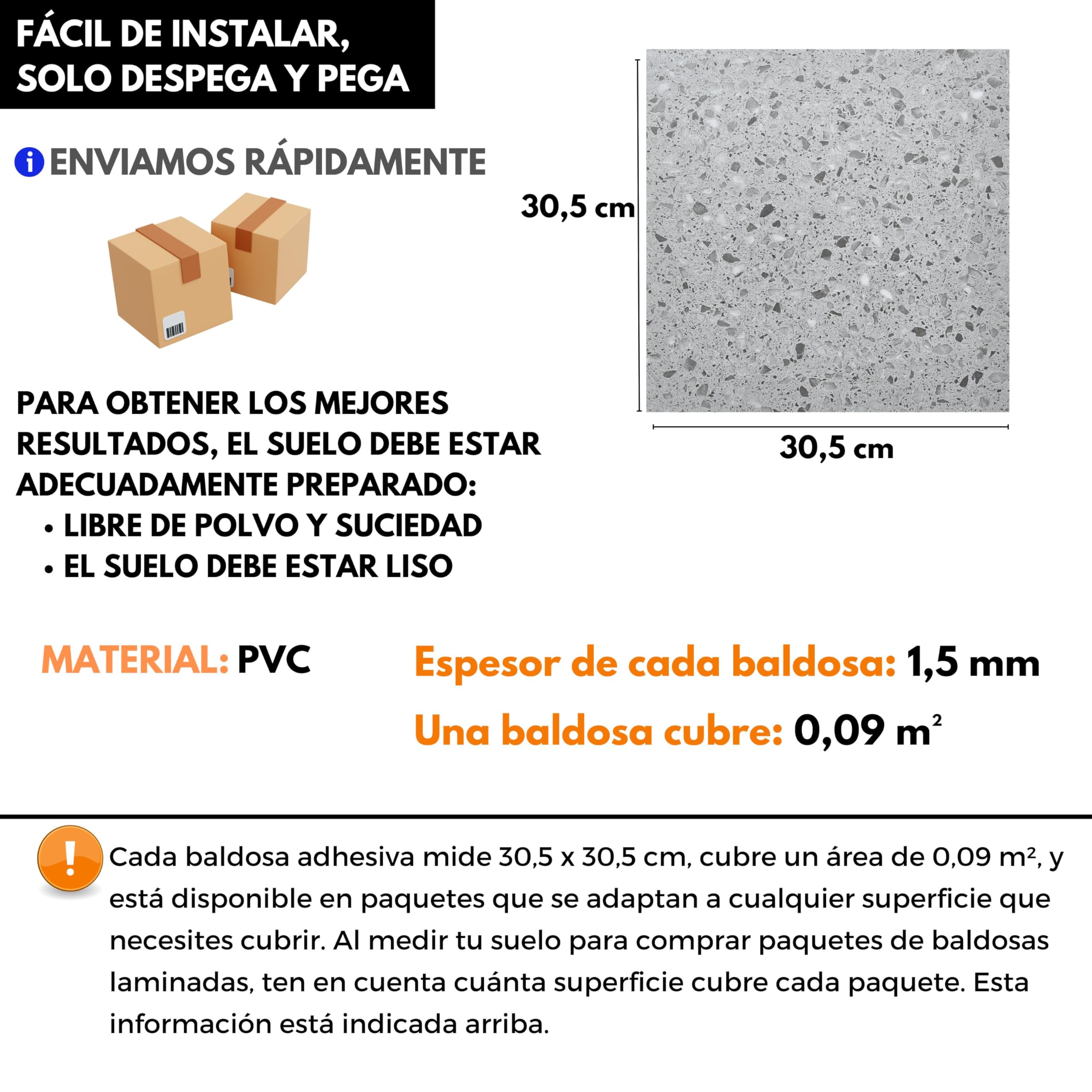 Suelo Vinilo Autoadhesivo Impermeable – Paquete de 10 Losetas Cuadradas, Cubre 0,93 m² – Cada Losa Adhesiva 30,5 x 30,5 cm – Suelo Vinílico Autoadhesivo Terrazo Gris Para Cocina, Baño y Salón