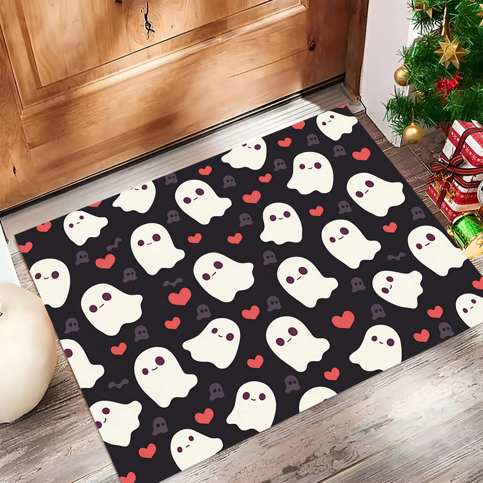 Paillasson fantôme kawaii 60x90cm noir et blanc pour porte d'entrée