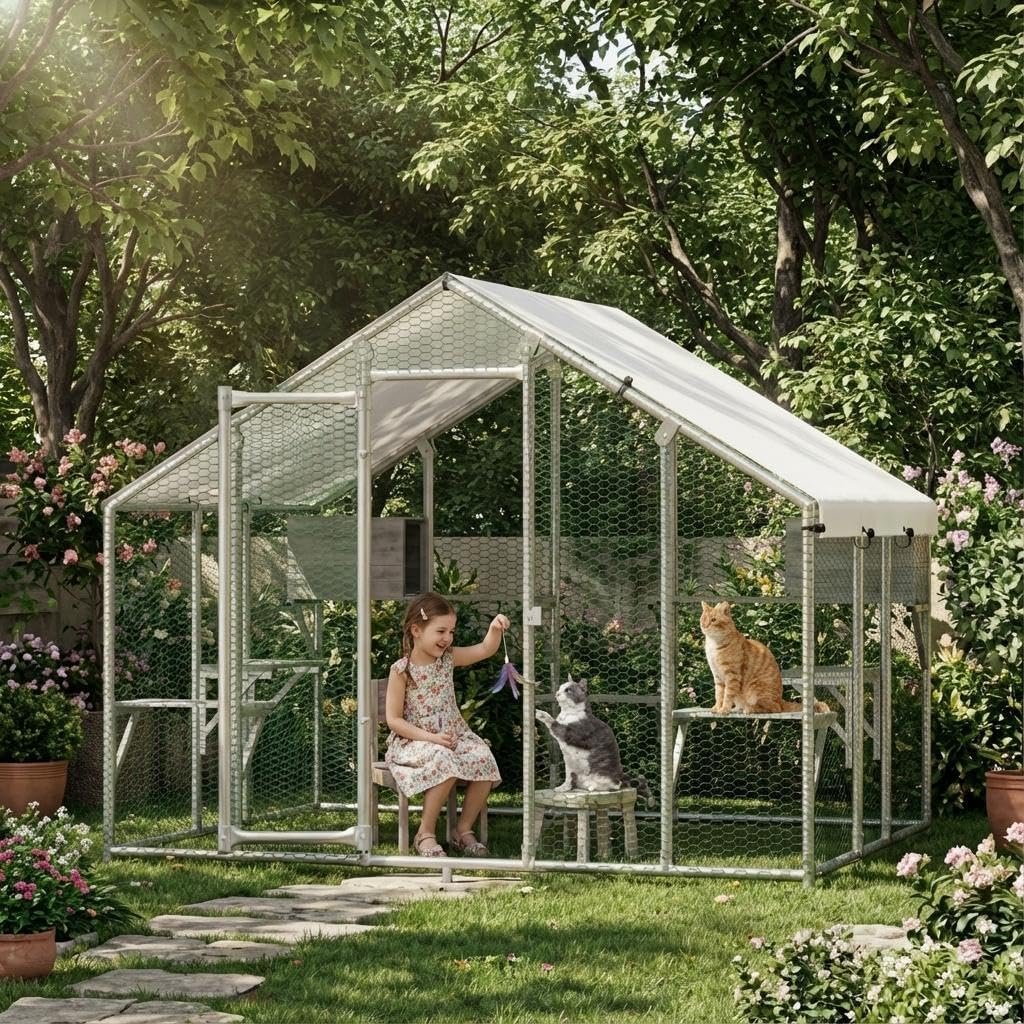 94.5" Extra Large Catio Outdoor Cat Enclosure, Galvanized Steel Cat Patio with Waterproof UV-Resistant Roof, 7 Platforms & 2 Resting Boxes for Backyard Multiple Cats