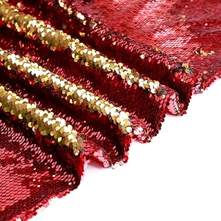 VOK Sequin Flip Fabric by The Yard, Reversible Glitter Fabric for Graffiti, Bridal Dress, Wedding Decorations, Sewing, DIY Handmade (0.5 yd, Red + Gold)