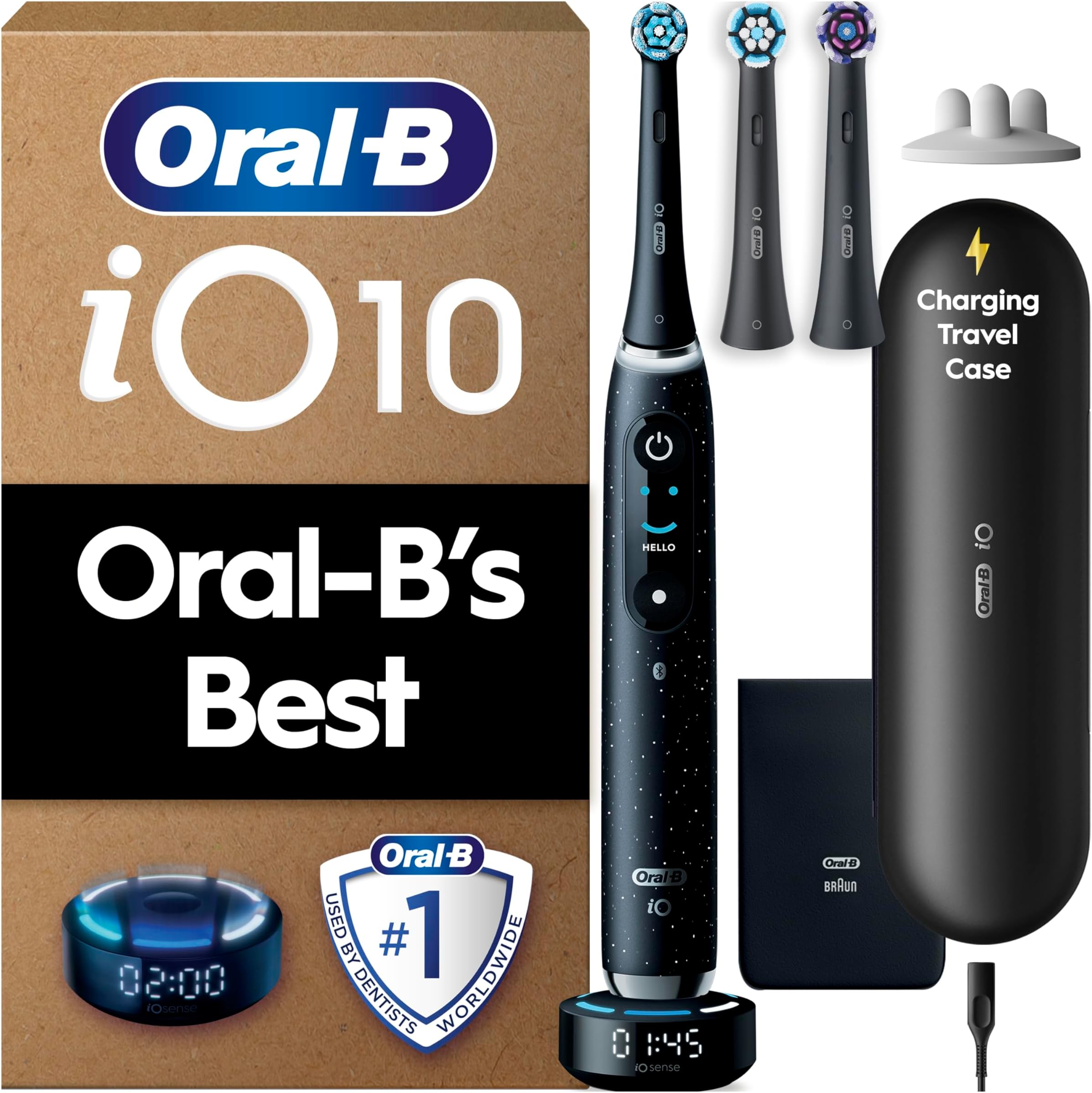 iO10 Electric Toothbrush for Adults, 1 Handle, Cosmic Black - 3 Brush Heads, Charging Travel Case, Toothbrush Head Holder, 7 Modes, UK Two Pin Plug, Gifts for Women / Men