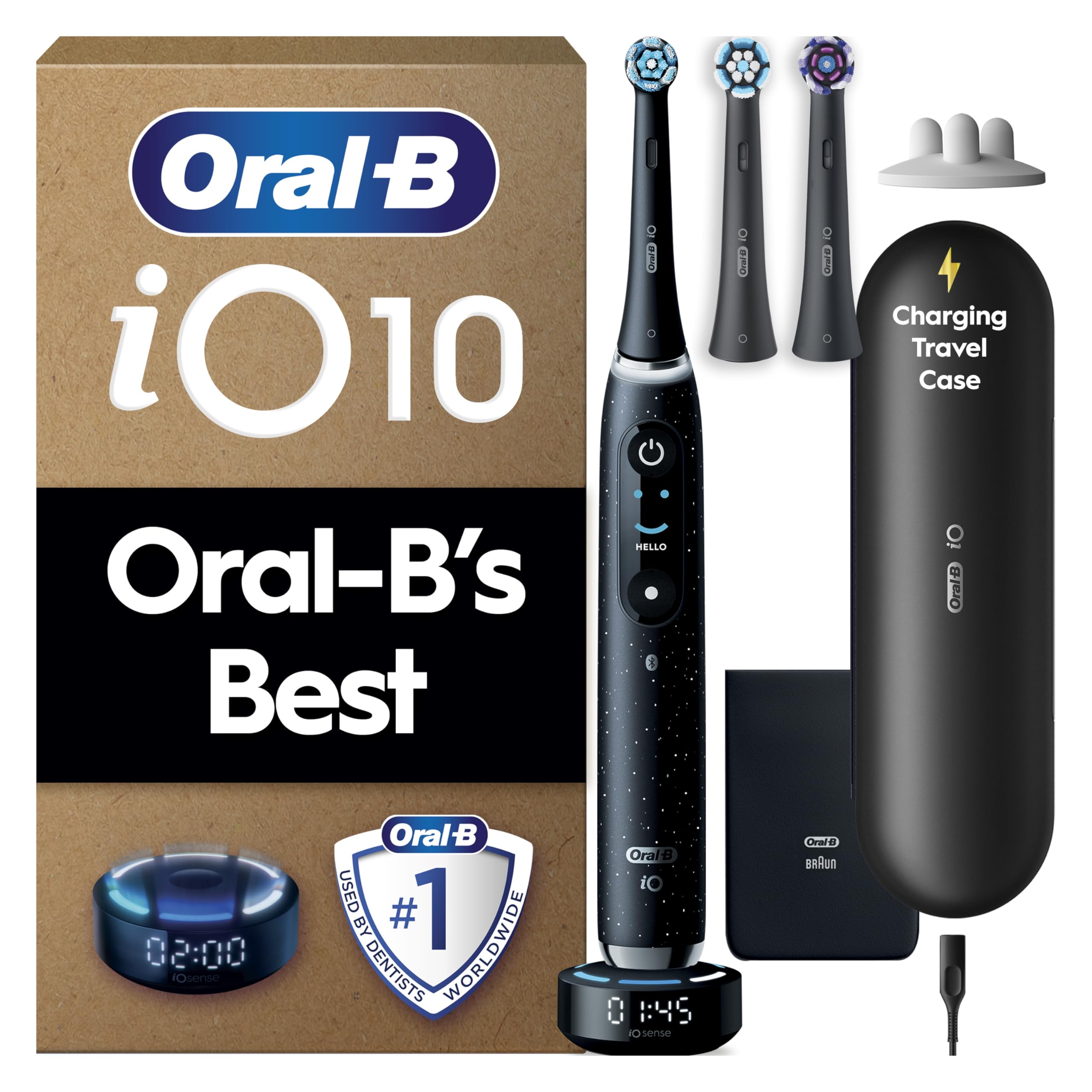 iO10 Electric Toothbrushes Adults, Gifts For Women / Men, 1 Handle, 3 Toothbrush Heads, Charging Travel Case, Toothbrush Head Holder, 7 Modes, 2 Pin Plug, Cosmic Black, Oral B IO Toothbrush