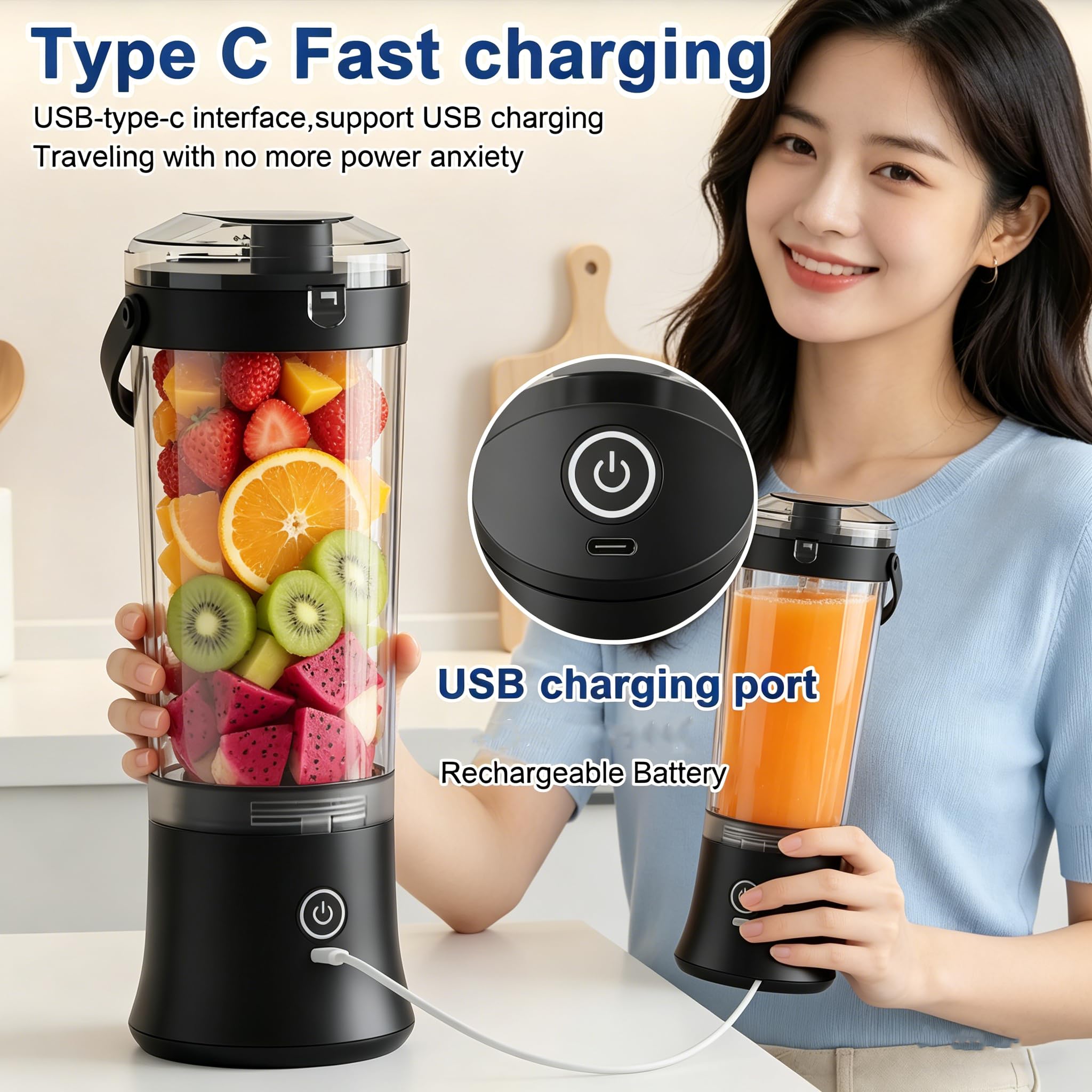 Mini frullatore 600 ml, mixer personale ricaricabile tramite USB per frullati, frullati, alimenti per bambini, mini frullatore senza fili spremiagrumi per viaggi, ufficio e sport