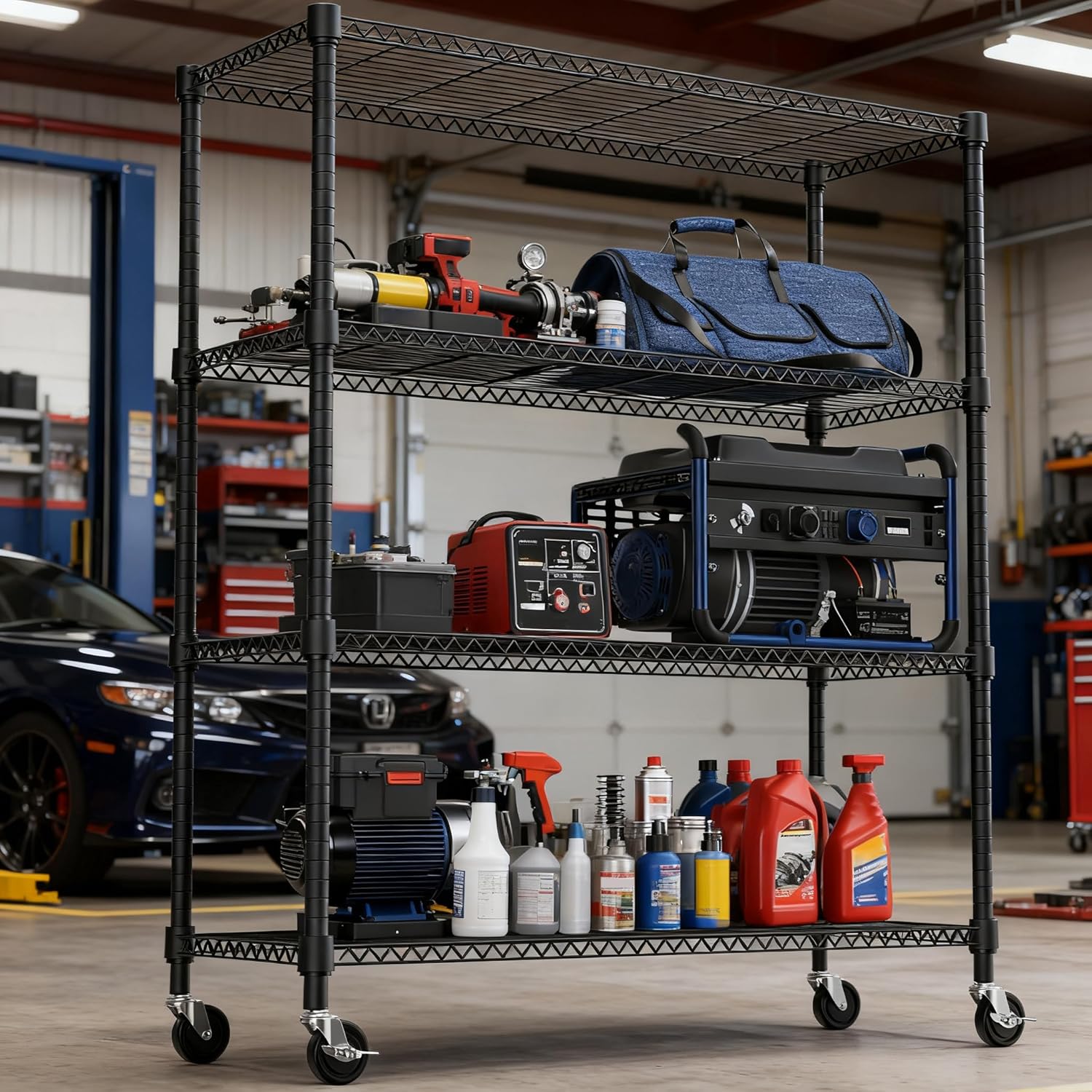 1400LBS 47.2" W 4 Tiers Storage Shelves Metal Shelving Unit with Wheels Heavy Duty Garage Shelving Adjustable Wire Shelves for Pantry,Kitchen,Garage,Basement,Black 17.7" D x 47.2" W x 62.7" H