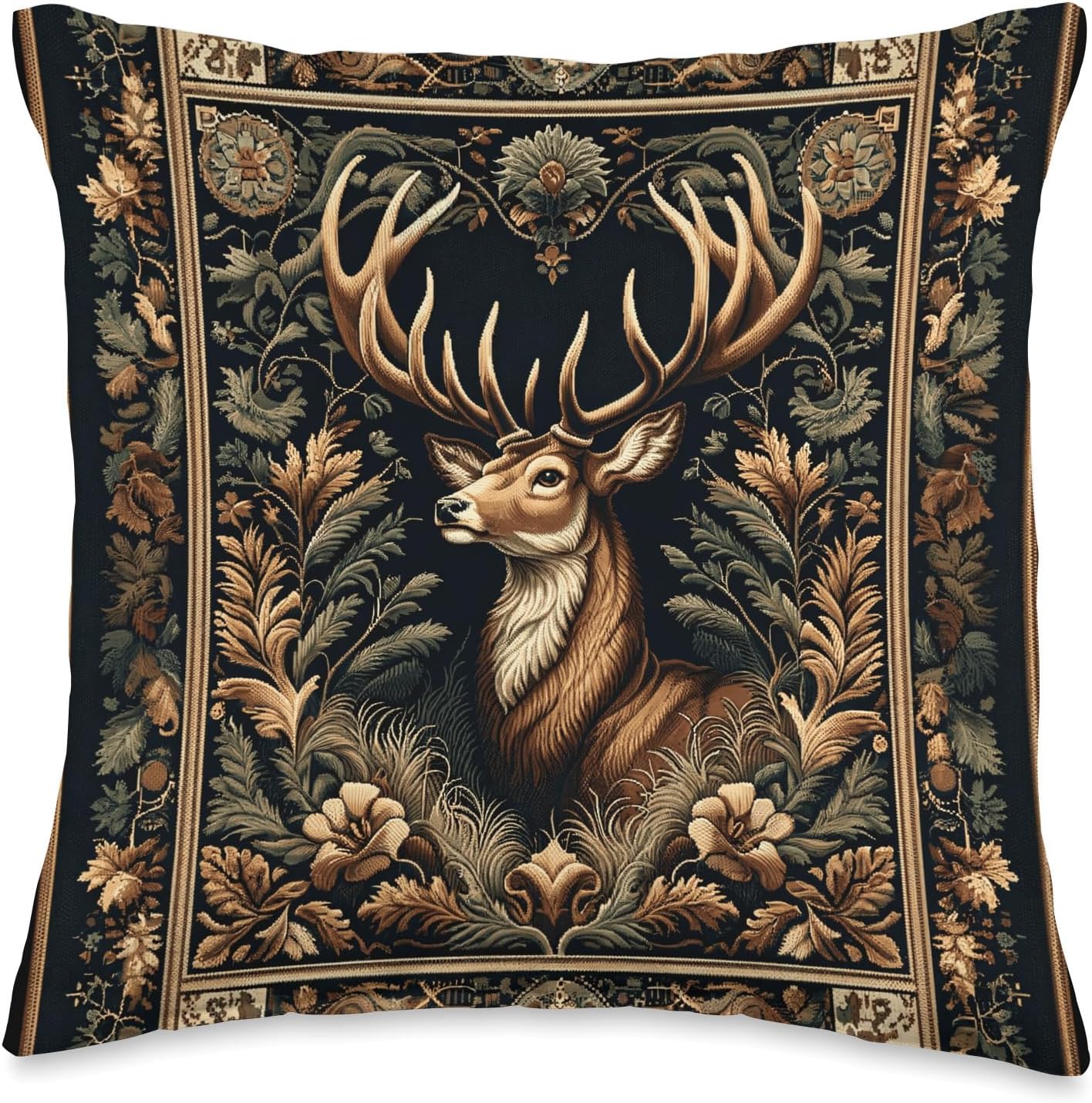 Vintage Deer Artwork Elegant Tapestry Motif Style Throw Pillow
