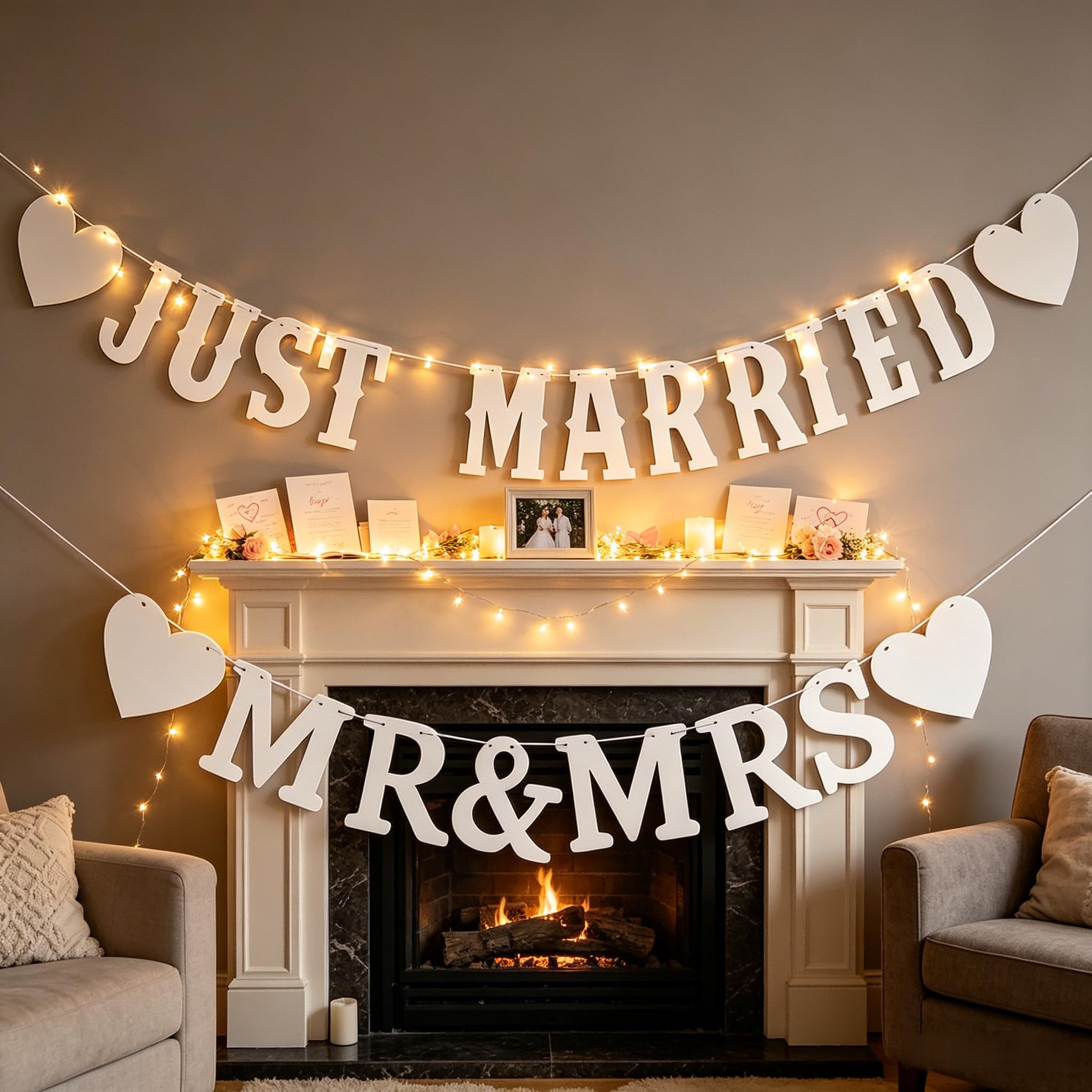 Muiltvoe 2PCS Just Married Banner - White Wedding Decorations Set with MR & MRS, Foldable Hanging Sign for Wedding Reception, Bridal Shower, Photo Booth Props