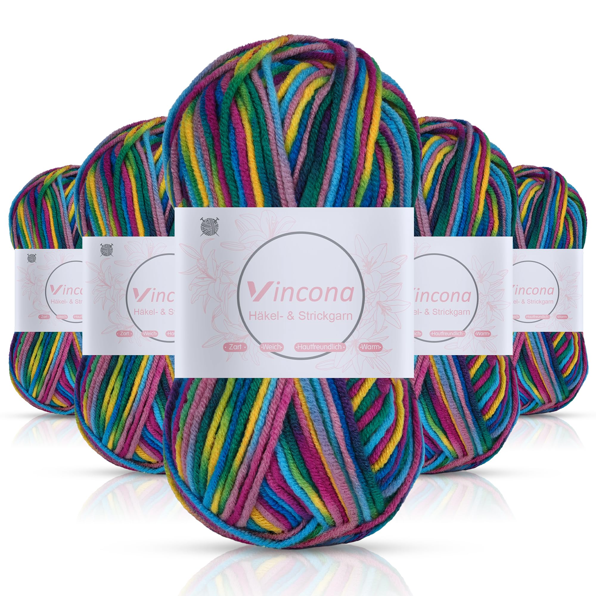 Vincona Häkelgarn，5x50 g Wolle zum Häkeln，Bunt Farbverlauf Acrylgarn zum Häkeln，Wolle zum Häkeln und Stricken, Handstrickgarnsets Geeignet zum Stricken von Puppen, Pullovern, Schals, Mützen