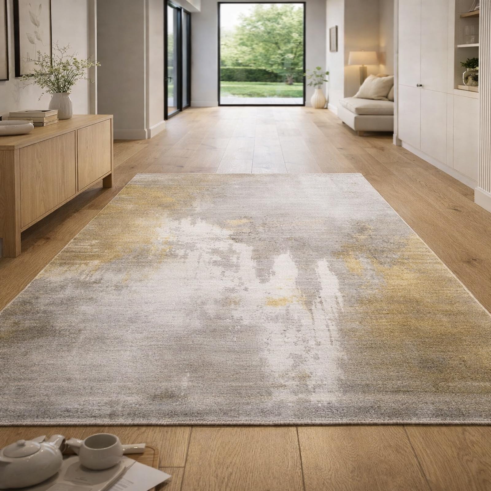 Tapis lavable et antidérapant abstrait moderne gris jaune moutarde 150x150
