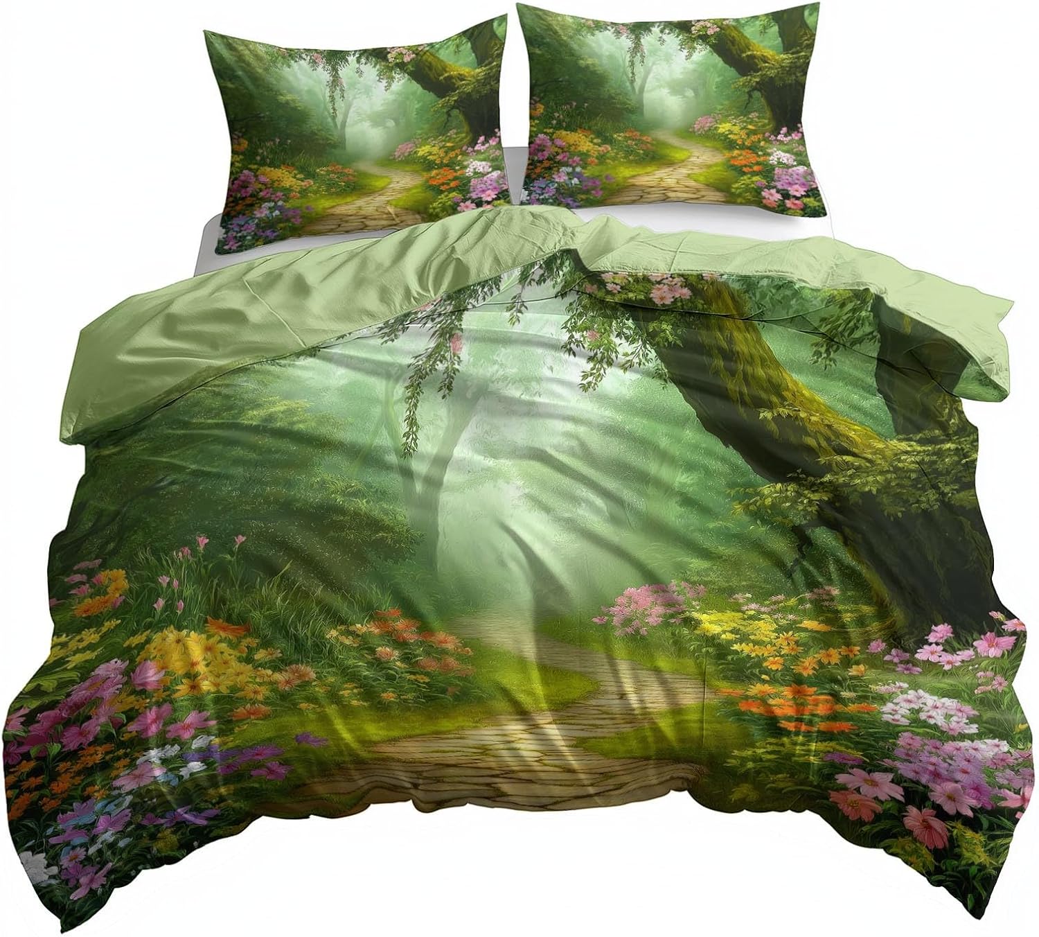 Colorful Flowers Reversible Duvet Cover Queen, Forest Path Comforter Cover, 3 Pieces Super Soft Bedding Set 91 X 91 Inches, with Zipper Closure & 2 Pillow Shams 20 X 30 Inches