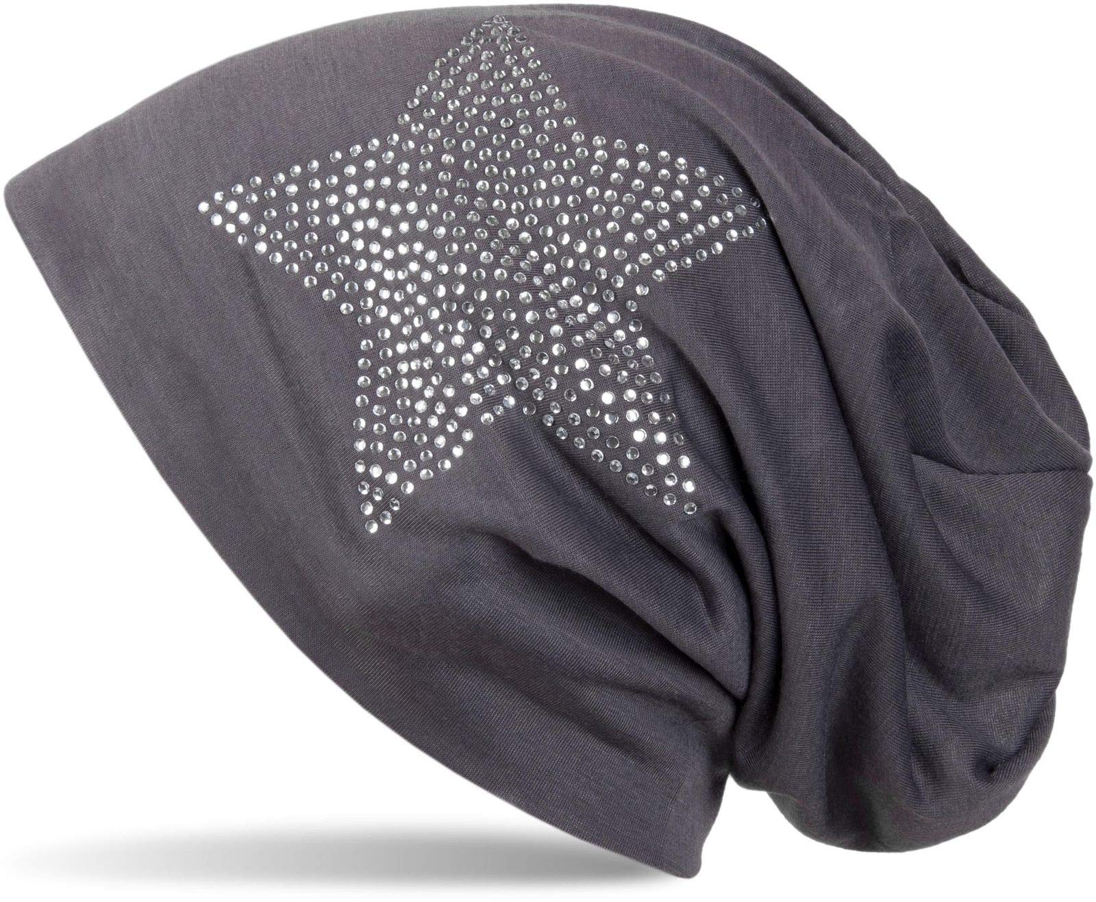 styleBREAKER Classic Beanie hat with Star Rhinestone Application, Light, Unisex 04024019, Colour:Anthracite