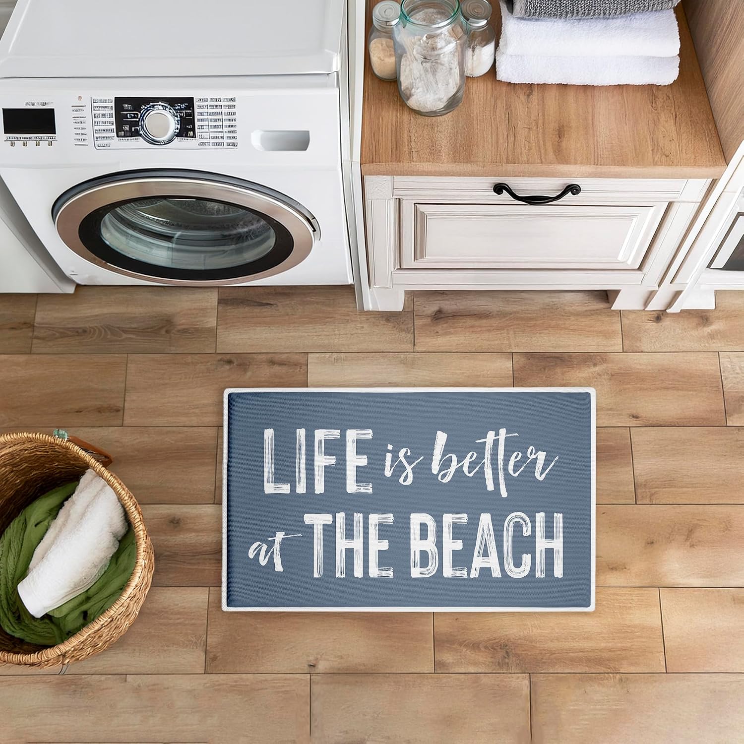 Stupell Industries Better At Beach Sentiment Plush Bathroom Mat & Bath Rug, Soft Quick-Dry Non-Slip Bathroom Rug with Recycled Foam Cushion, Coastal Beach Life Design by Lettered and Lined, 18"x30"
