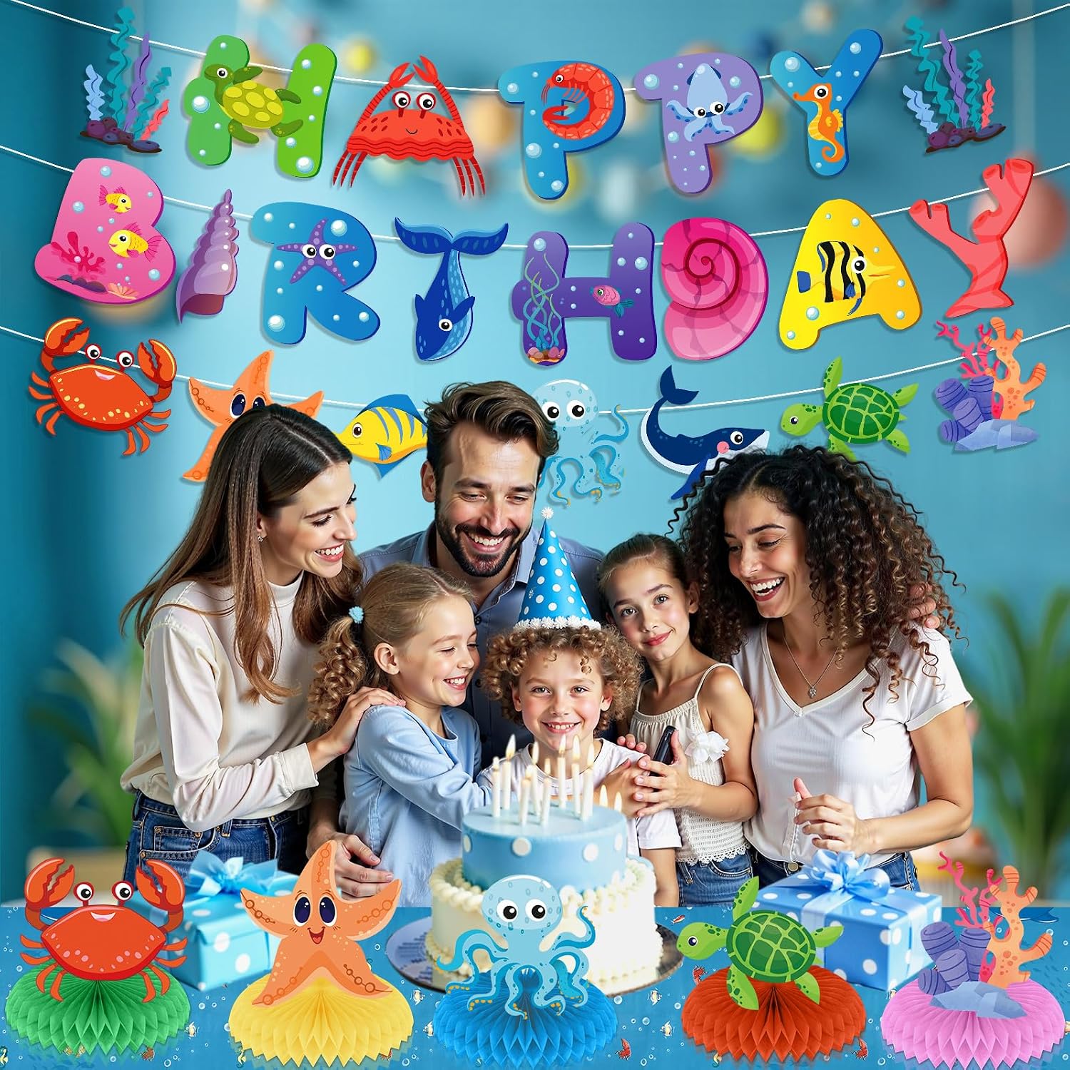 Under the Sea Birthday Party Decorations Ocean Animal Birthday Banner Sea Animals Centerpiece Shark SeaCreatures Tablecloth for Kids Underwater Fish Turtle Tropical Bday Baby Shower Party