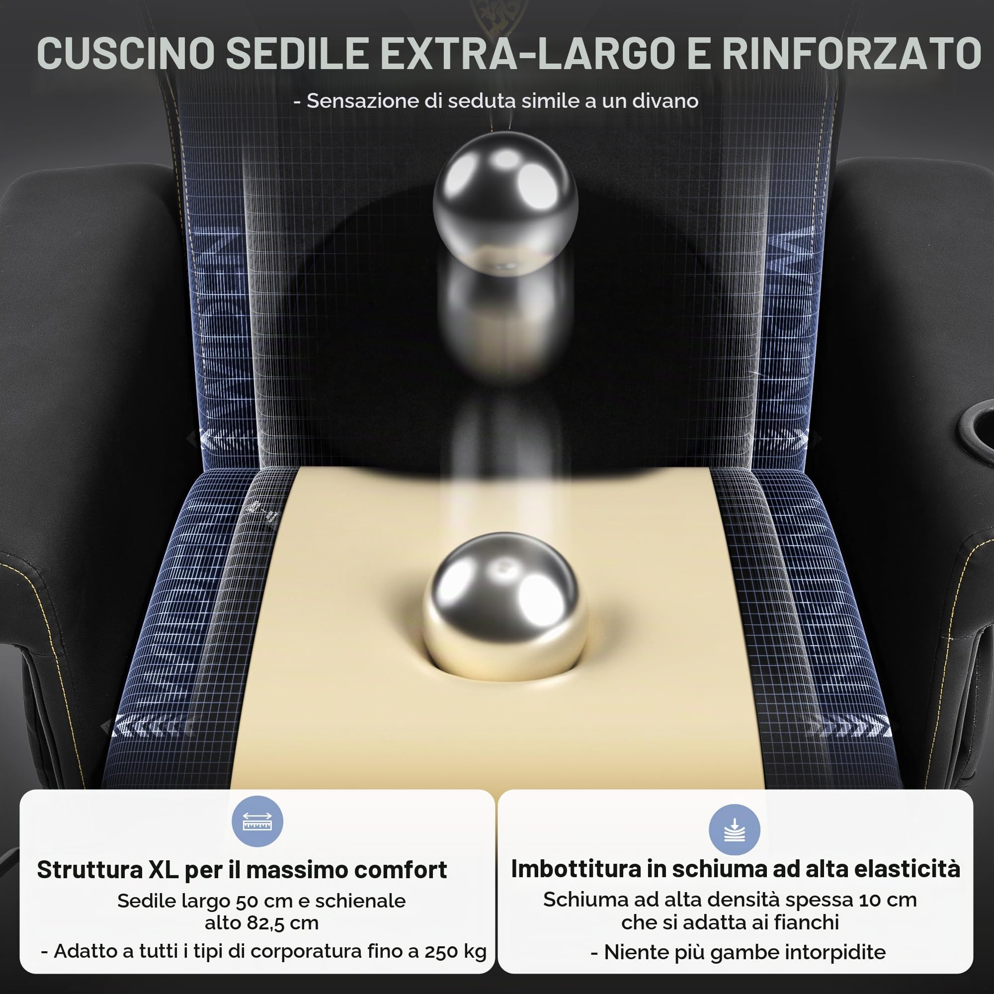 Dowinx Poltrona relax da gaming con funzione massaggio Shiatsu, poltrona TV con funzione reclinabile 90°-135° e poggiapiedi, sedia da gaming girevole a 360°, senza ruote, portabicchieri, tasche