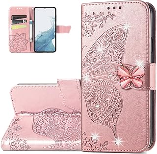 Monwutong Wallet Case for Samsung Galaxy S23 (Not S23 Plus),3D Butterfly Pattern PU Leather Flip Phone Case with Magnetic Clasp and Cash Card Slots Holster for Galaxy S23,HZD Rhinestone Rose Gold