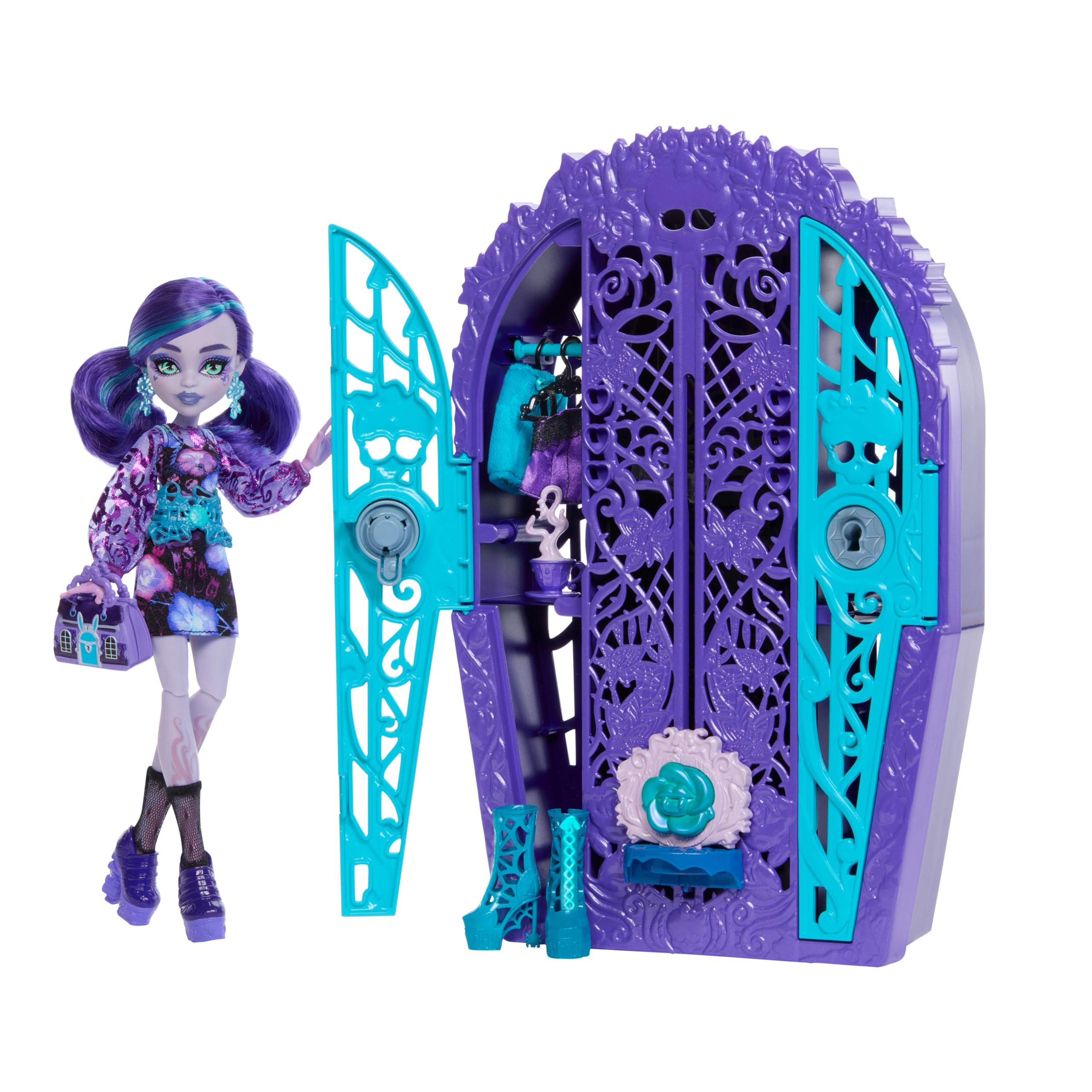 Monster High Straszysekrety Twyla Seria 5 Ogrodowe zagadki Zestaw lalka, szafa i ponad 19 niespodzianek, w tym ubranka dla lalki i akcesoria, HYT74