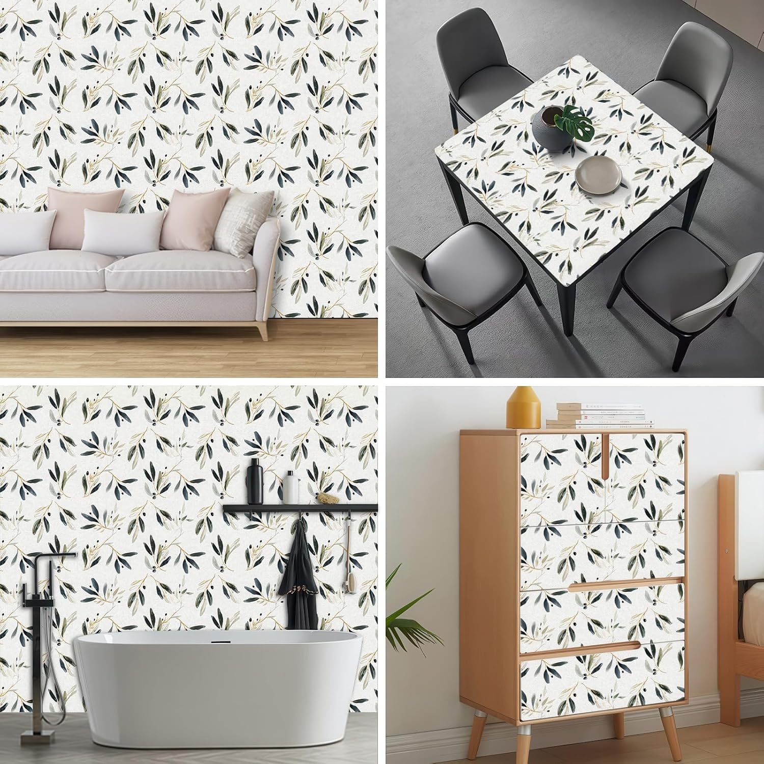 HOMETITUTE Olive Leaf Wallpaper Peel and Stick Botanical Contact Paper Wall Paper Stick 17.7" x 118.1" Self Adhesive Vinyl Wall Covering for Kitchen Pantry Dining Room Decor