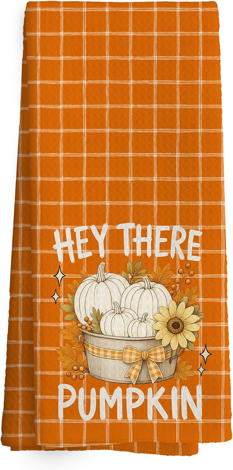 Fall Leaf Pumpkin Kitchen Towels Dishcloth 16x24 Inches Set of 2 | Neutral Farmhouse Autumn Leaves Pumpkin Striped Decorative Absorbent Dish Hand Tea Towels Decor, Fall Kitchen Bathroom Decor