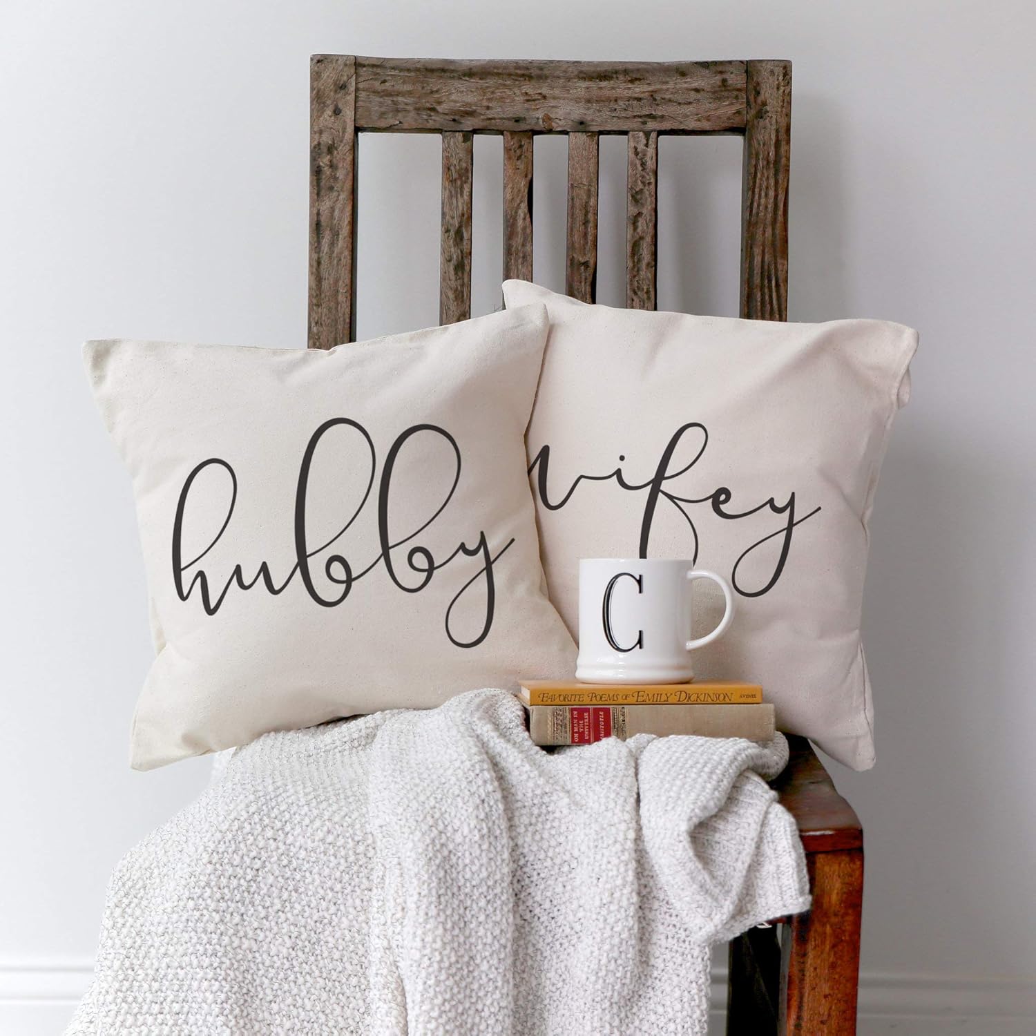 The Cotton & Canvas Co. Hubby, Wifey Home Decor Pillow Cover, Pillowcase, Cushion Cover, Decorative Throw Pillow Cover, 2-Pack (Natural Color, Not White)
