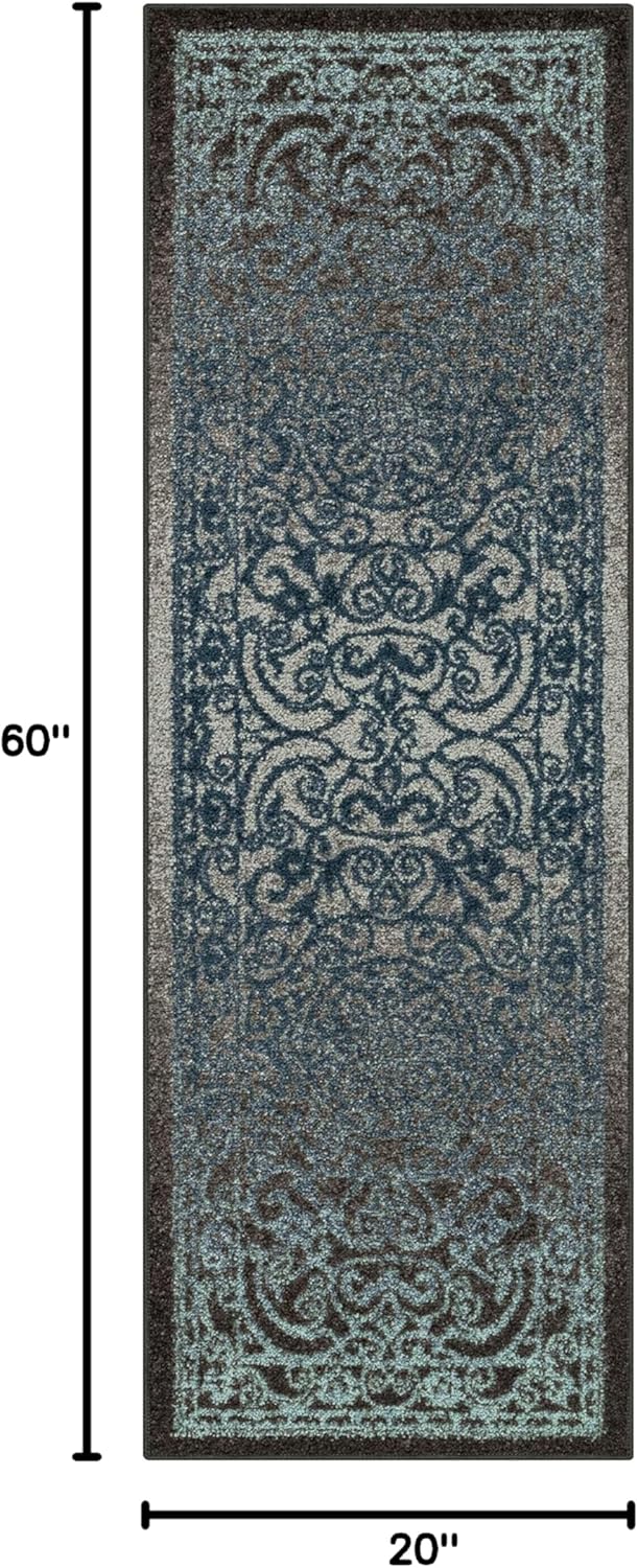 Maples Rugs Pelham Vintage Runner Rug Non Slip Washable Hallway Entry Carpet [Made in USA], 1'8 x 5, Charcoal/Radiant Blue