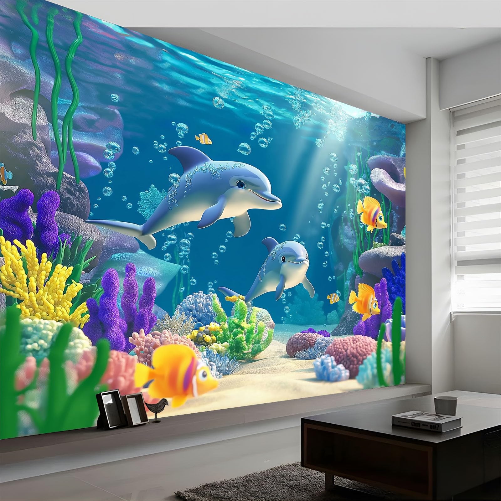 Fototapeta z włókniny, efekt 3D, 400 x 280 cm, film kreskówkowy, delfiny, rafy koralowe, obraz ścienny, krajobraz, tapeta na fizelinie, druk HD, nowoczesna tapeta ścienna, dekoracja ścienna, do salonu