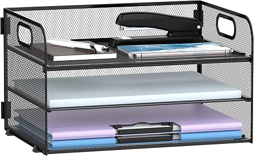 Supeasy Organizador de papel de 3 niveles con asa, organizador de escritorio de malla, bandeja de cartas, bandeja de papel organizador de archivos