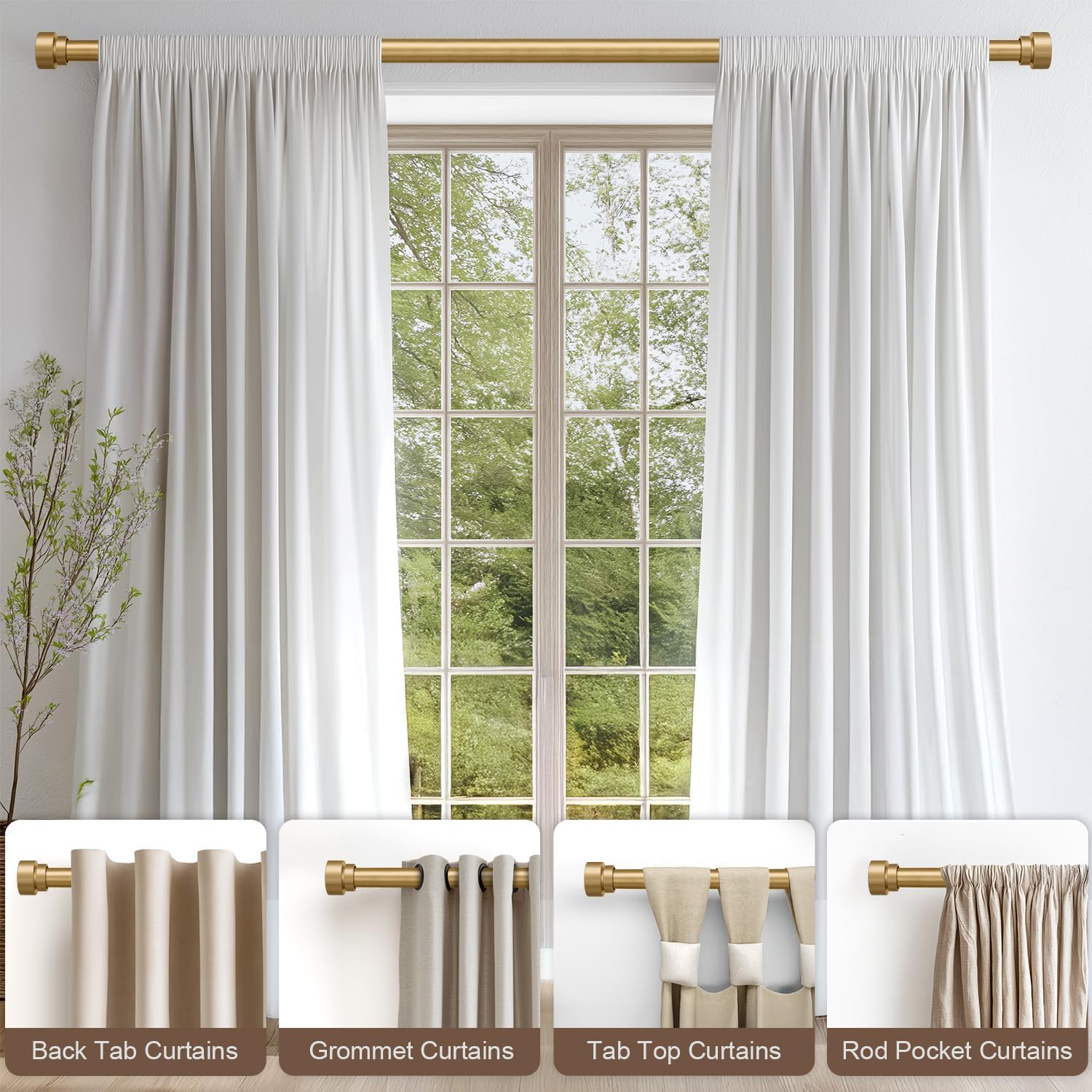 Asta per Tende Oro 80-292cm, Asta per Tende Regolabile in Metallo Resistente con Staffe e Finiali, Asta per Tende Estensibile per Finestra per Esterno, Camera da Letto, Cucina, Soggiorno