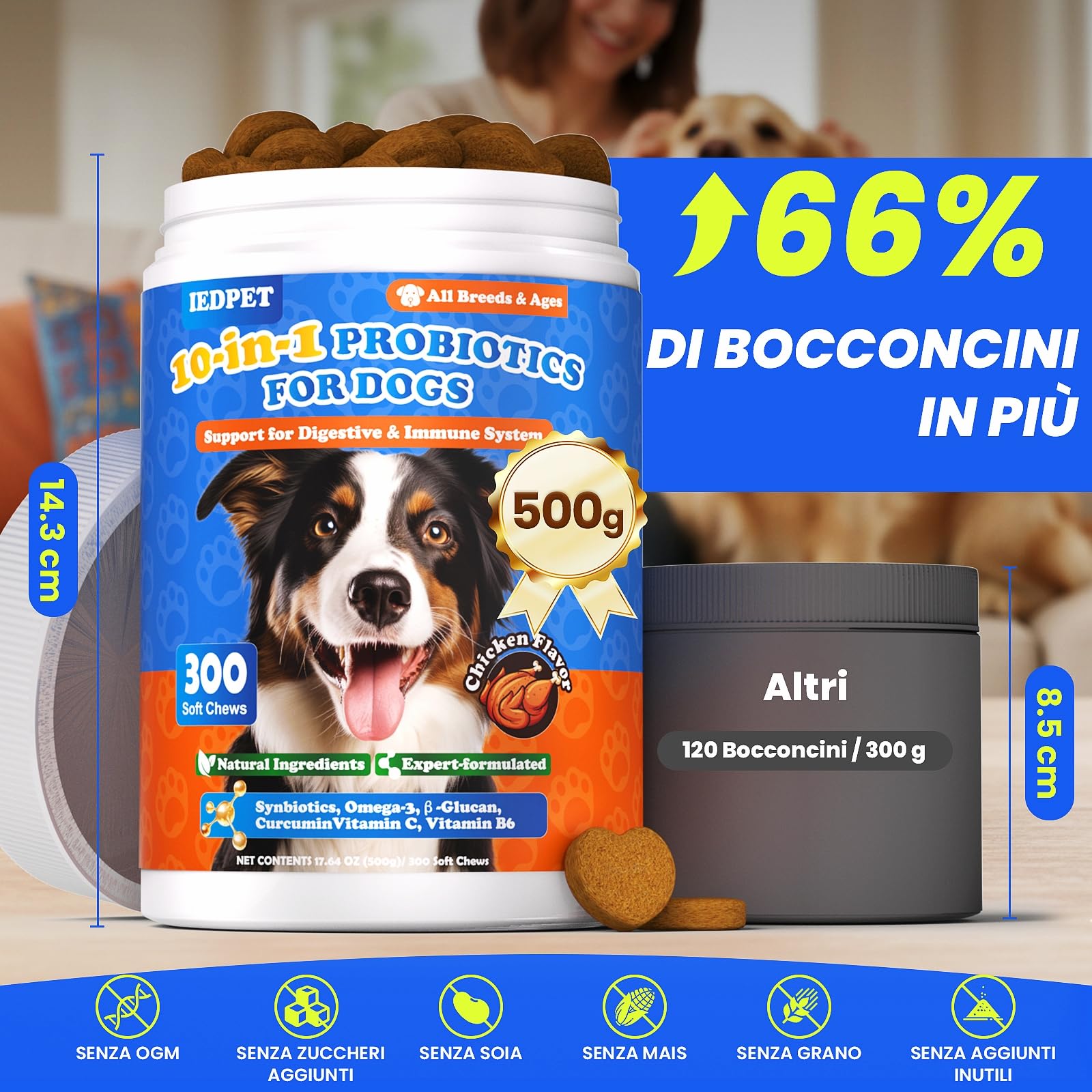 10-in-1 Probiotici per Cani - 500g Formula Premium con Probiotici e Prebiotici, per la Cura Quotidiana dell'Intestino e il Benessere Generale, Facile da Somministrare, Altamente Palatabile, 300 Snacks