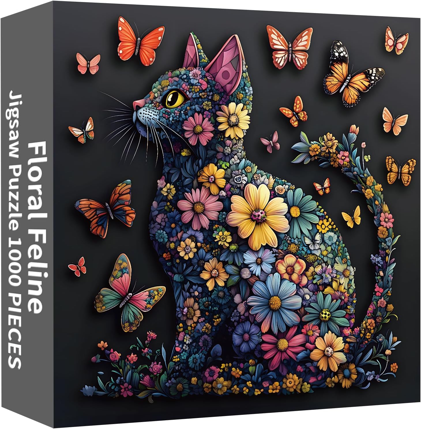 Cat 1000 Piece Puzzle for Adults, Butterfly Jigsaw Puzzles, Black Cat Flower Puzzle for Home Decor, Finished Size 23.98 * 23.98", with 1:1 Poster, Letter on The Back