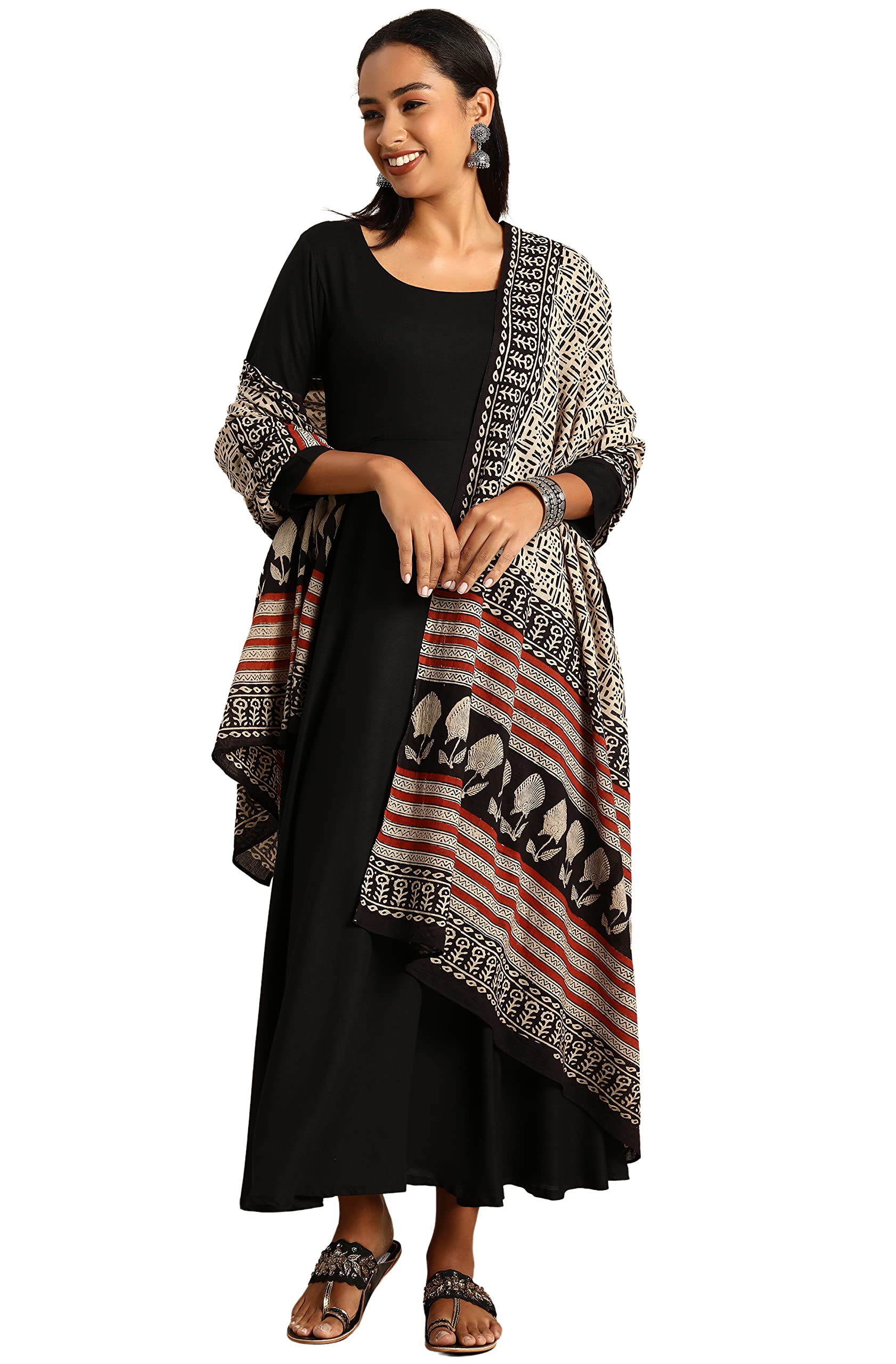Janasya Women's Black Rayon Kurta With Dupatta