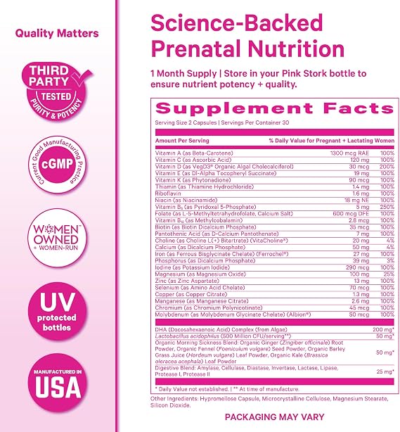 Pink Stork Premium Prenatal Vitamins for Women | Methylated Folate, Choline, Vegan Algae DHA, Iron | Doctor-Formulated | Organic Whole-Foods + Probiotic | No Fishy Burps | Gentle on Stomach, 60 Count