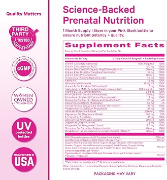 Pink Stork Premium Prenatal Vitamins for Women | Methylated Folate, Choline, Vegan Algae DHA, Iron | Doctor-Formulated | Organic Whole-Foods + Probiotic | No Fishy Burps | Gentle on Stomach, 60 Count