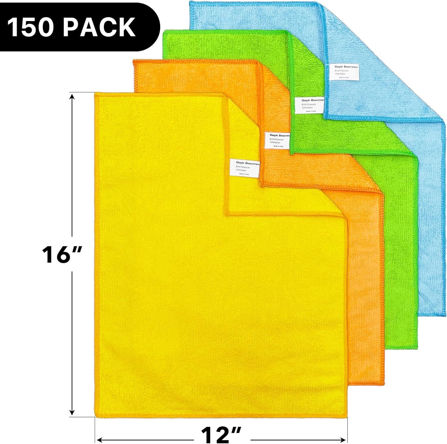 Simple Houseware Microfiber Cleaning Cloth 150 Pack, 12" x 16", 4 Colors