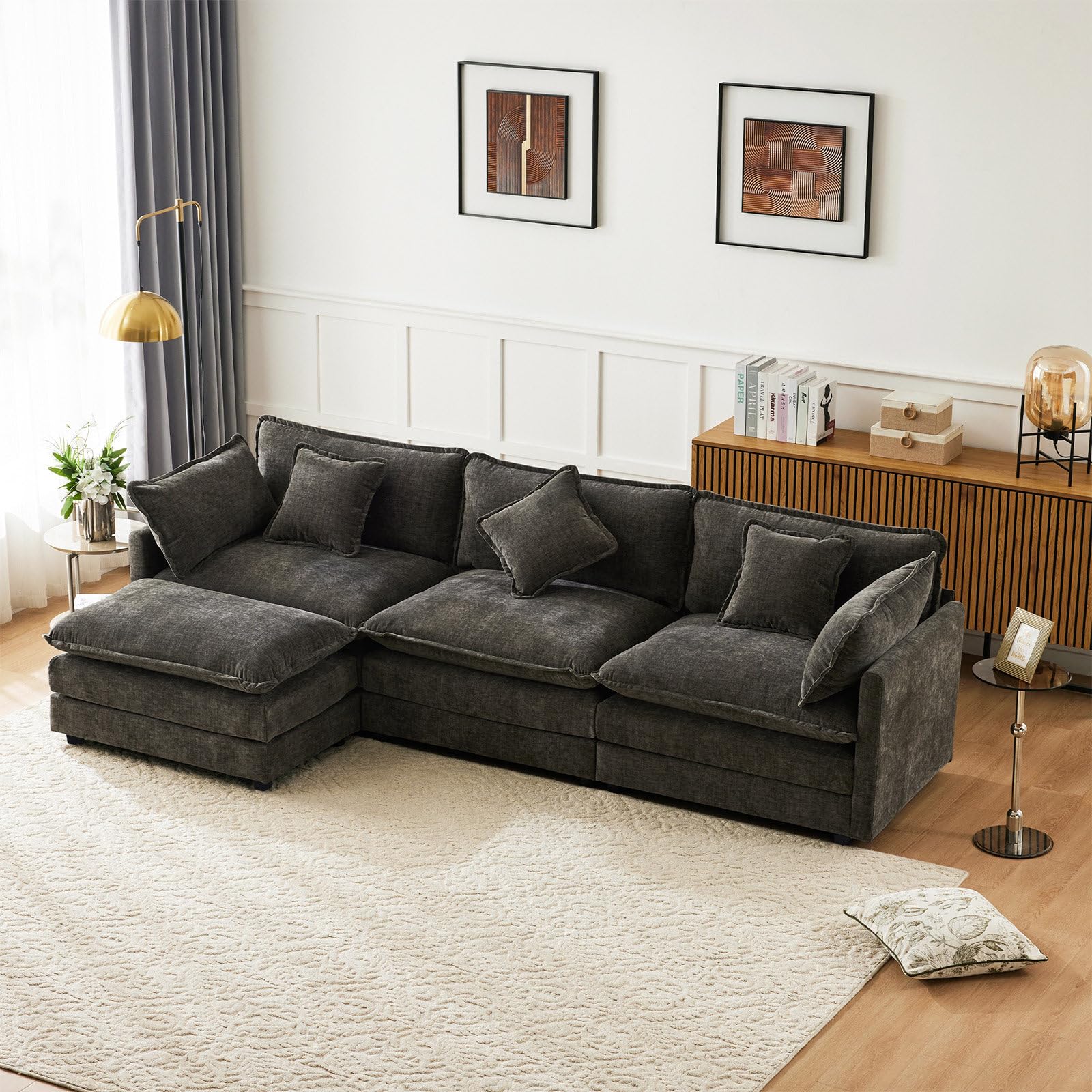 Billg Divano Angolare Componibile, Divano Letto 3 Posti a Forma di L, Tessuto di Ciniglia, 283 x 147 x 84 cm, Grigio
