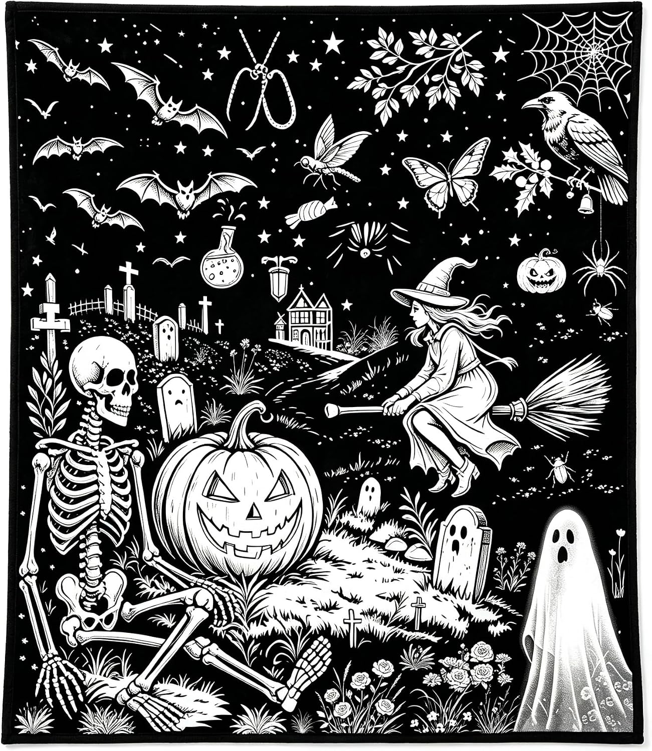 Halloween Coloring Blanket Throw Coloring Blanket for Adults Ghost Patterns Color Your Own Blanket for Home Decor (Markers Not Included)