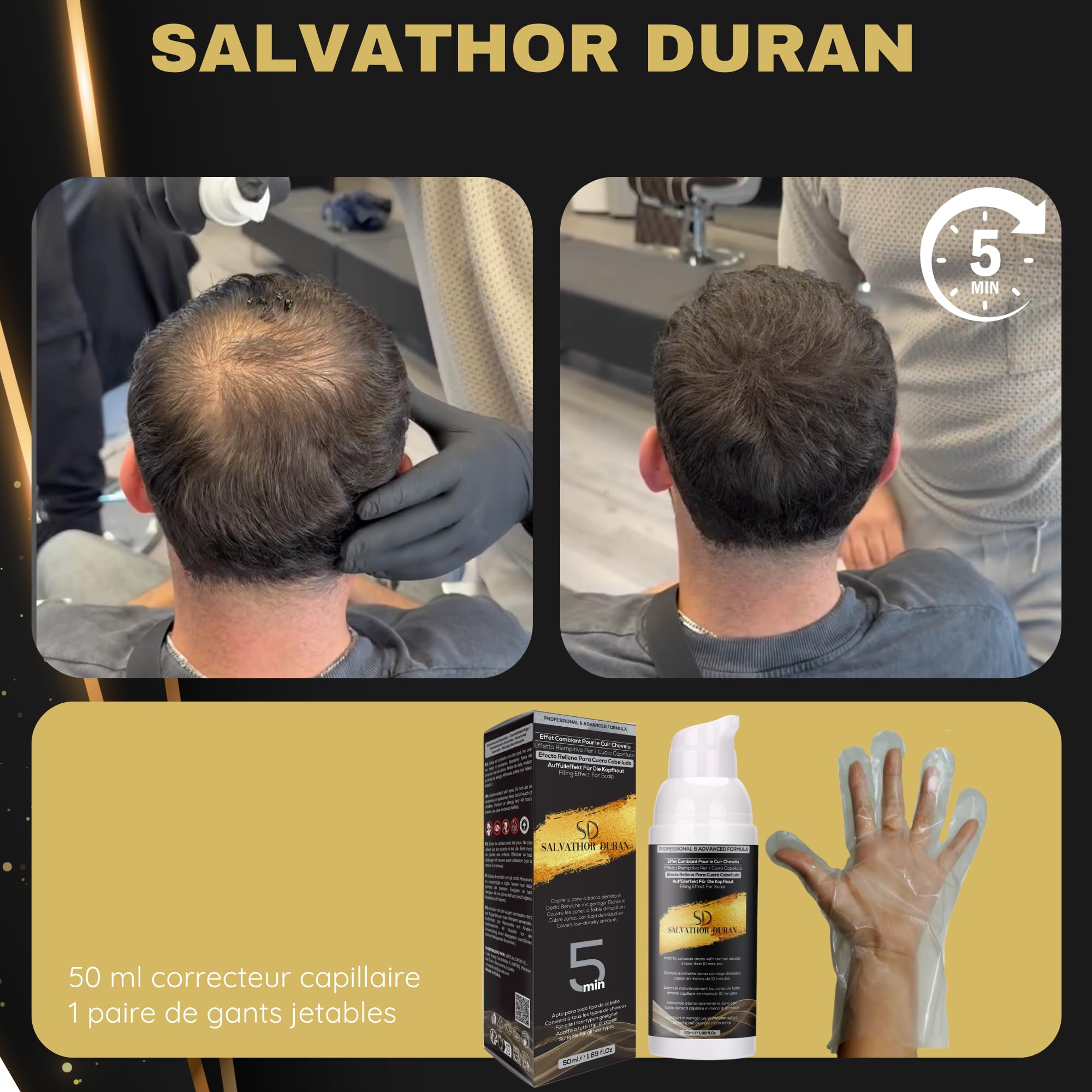 Salvathor Durán Effet Fibres Capillaires – Correcteur pour Cuir Chevelu – Alternative à la Teinture Cheveux Homme, Poudre Cheveux – Camoufle la Calvitie et Apporte du Volume (Noir, 50 ml)