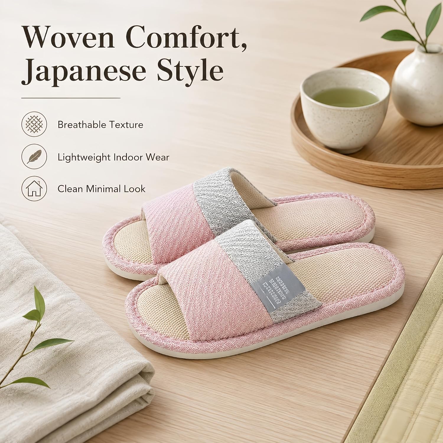 Japanese Style Linen House Slippers For Women Men Open Toe Breathable Lightweight Indoor Home Shoes Anti Skid Sole Soft Comfy Easy Wear Guest Bedroom Living Room Casual Cozy Comfortable Minimalist