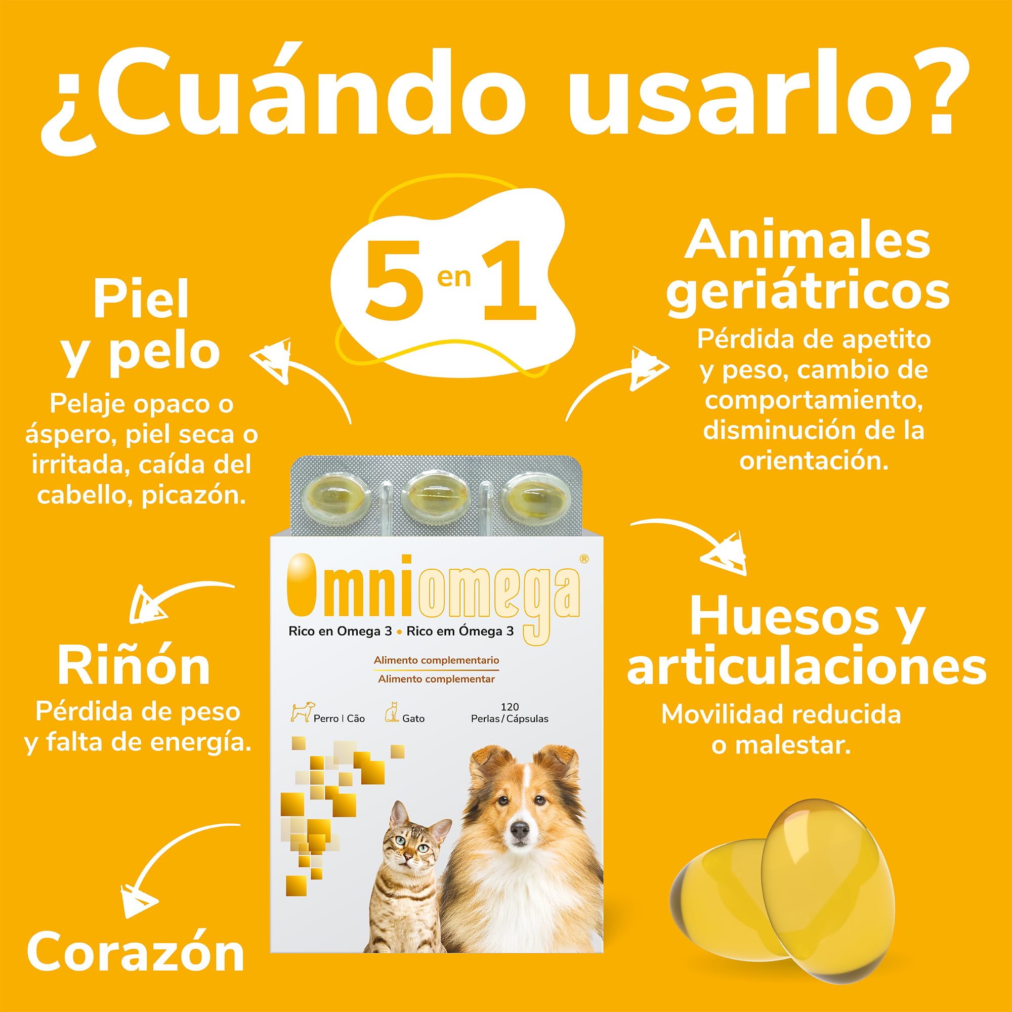 Hifarmax Omniomega Vitaminas para Perros y Gatos, Suplemento Omega 3 con Vitamina E | Suplementos Alimenticios | Complementos Alimenticios y Complemento Vitaminico | Caja de 120 Pastillas