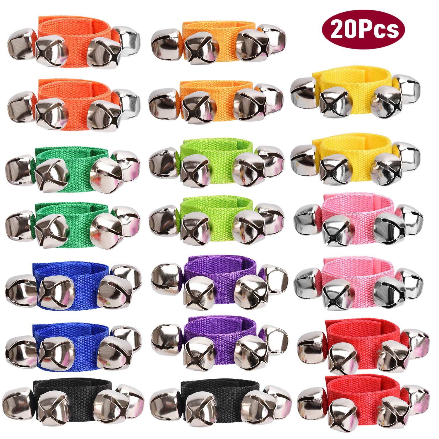 Facmogu 20PCS Wrist Band Jingle Bells Instrument Percussion Musical Orchestra Rattles Party Favors Wrist Bells & Ankle Bells for Birthday Gifts, Musical Rhythm (10 Colors)