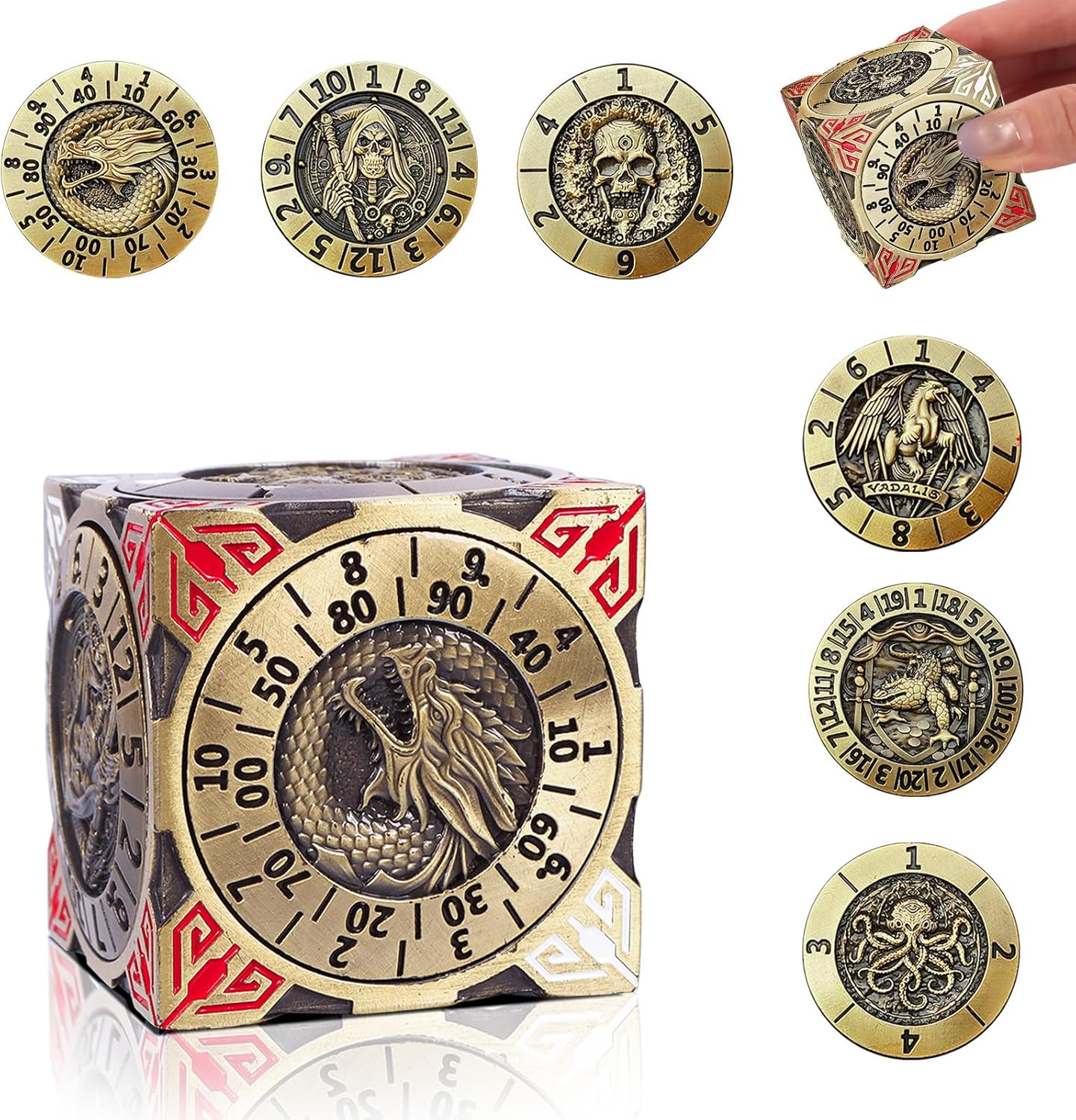 7 in 1 Spinner DND Dice Set, Metal Roulette DND Dice with 3D Relief for Dungeons and Dragons, Premium Unique Dice Spinner for DM & Tabletop Games RPG Players (Ancient Bronze)