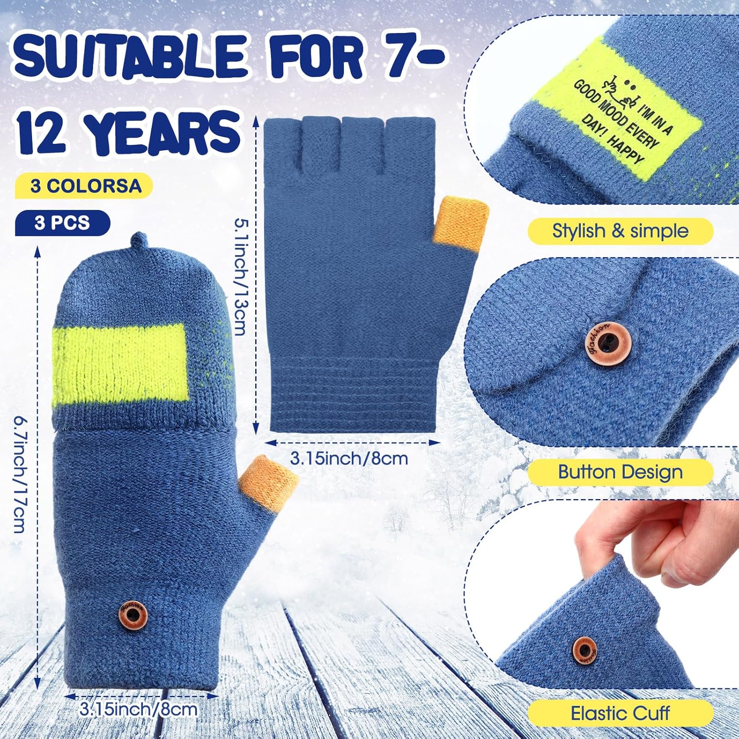 3 Pairs Kids Fingerless Gloves Winter Mittens Convertible Flip Top Warm Gloves for 7-12 Toddler - Image 2