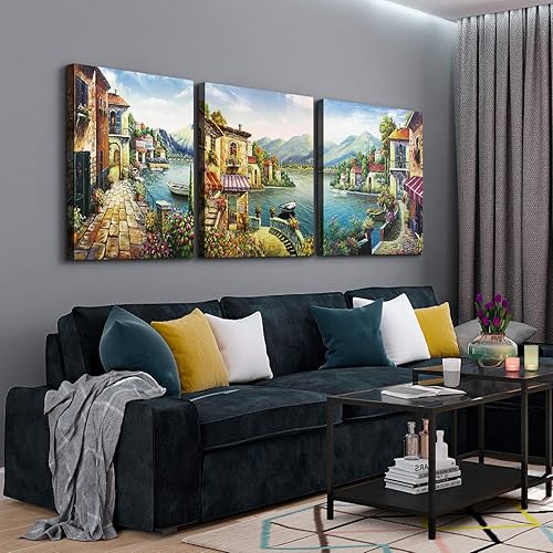 Miniatura 4 de Denozer Lienzo decorativo para pared, lienzo de ciudad europea, 3 piezas, arte de pared con flores costeras, pintura de reproducción para oficina,