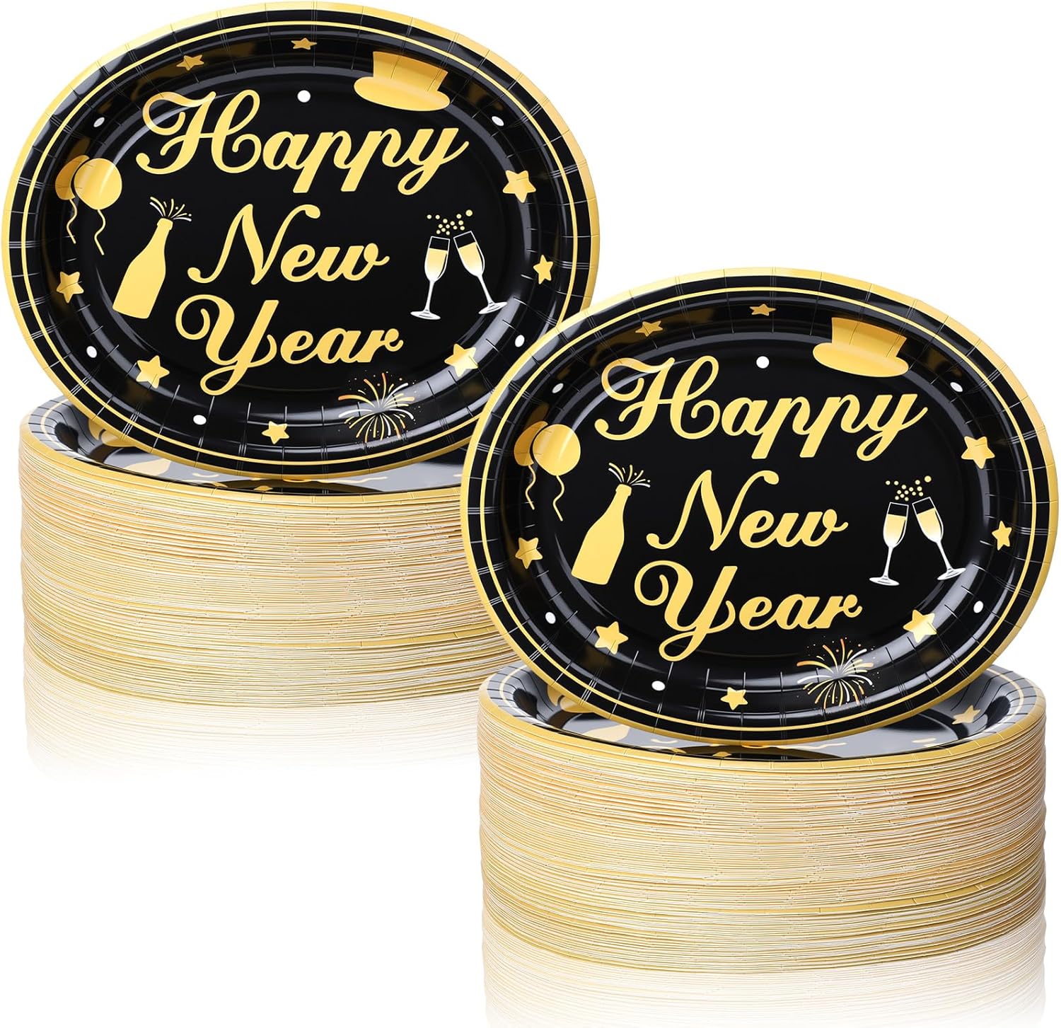 Jenaai 100pcs Happy New Year Oval Paper Plates Bulk 10.6" x 12.6" New Year Eve Party Decorations Disposable Black and Gold Color Dinner Plates Large for Spring Festival Party Tableware Supplies