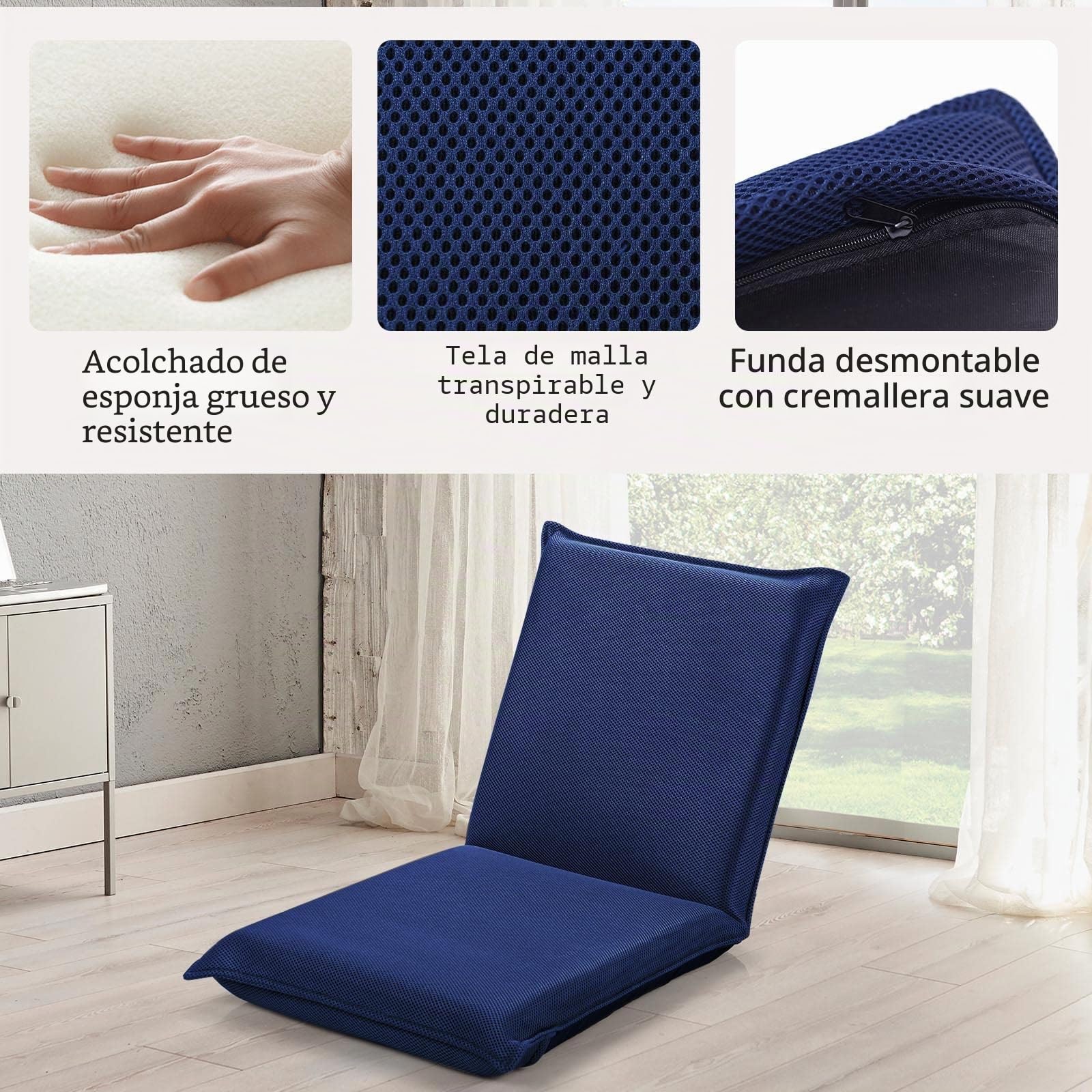 LIFEZEAL Silla de Suelo Plegable, sillón Lectura con Respaldo Ajustable de 6 Posiciones, Silla de Piso con Superficie de Malla, para Leer, meditación, Yoga (Azul)