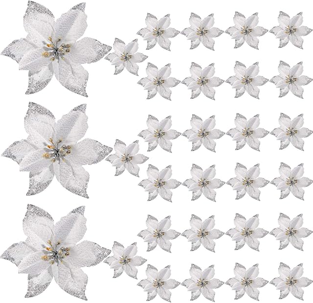 WILLBOND 30 Pieces Glitter Christmas Tree Ornaments Artificial Wedding Christmas Poinsettia Flowers for Christmas Flowers Tree Wreaths Decor Ornament (Silver)